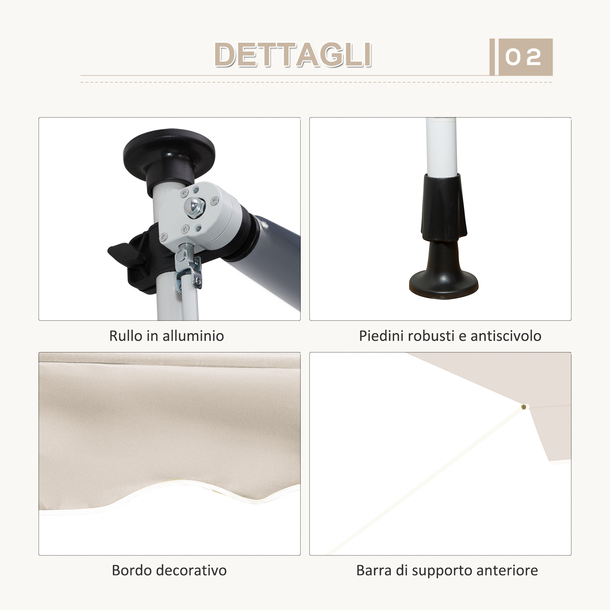 Dettagli: Rullo in alluminio, piedini antiscivolo, bordo decorativo, barra anteriore.