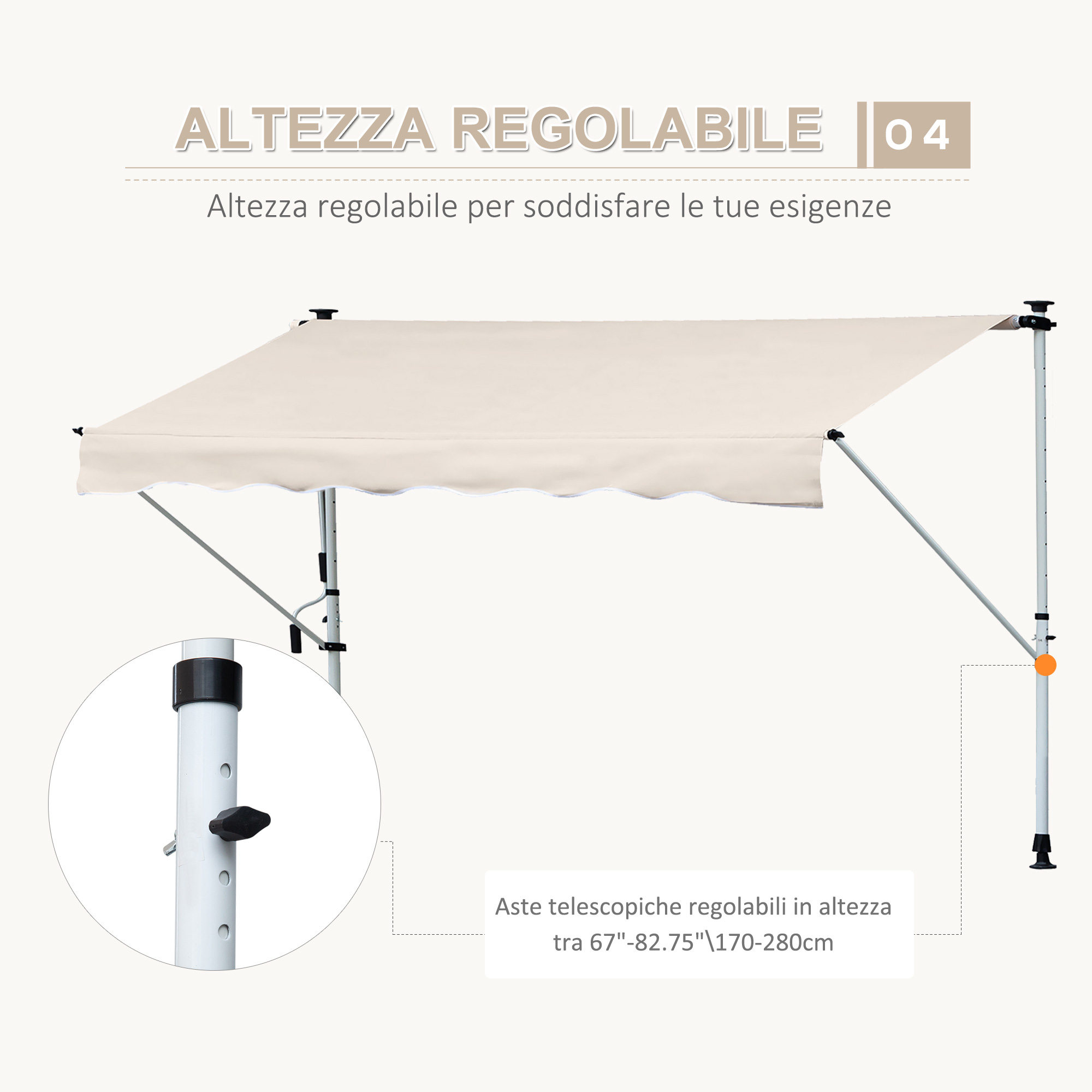Una tenda da sole beige con pali bianchi regolabili. Dettaglio di una manopola.