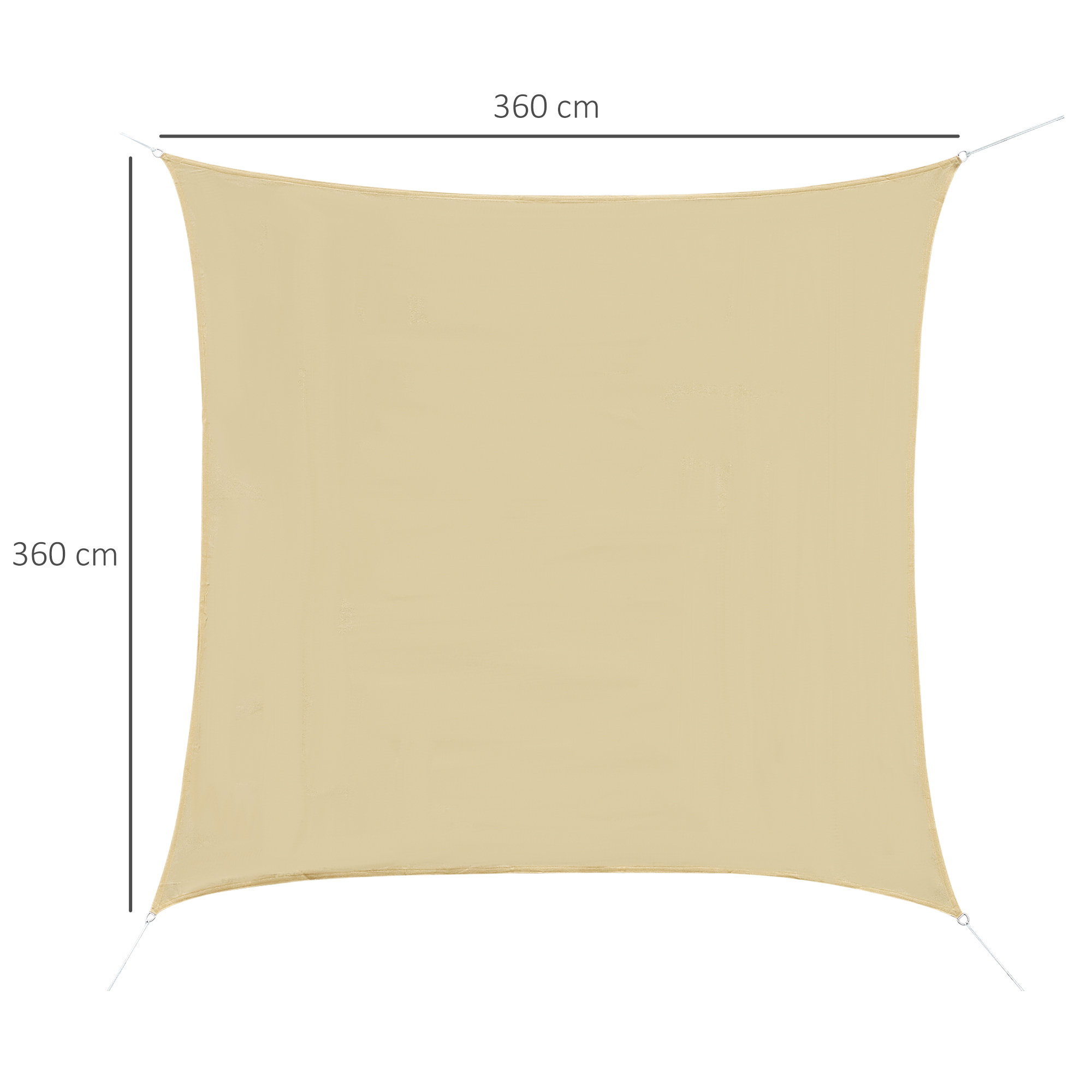 Telo ombreggiante beige, 360 cm x 360 cm, con occhielli metallici agli angoli.