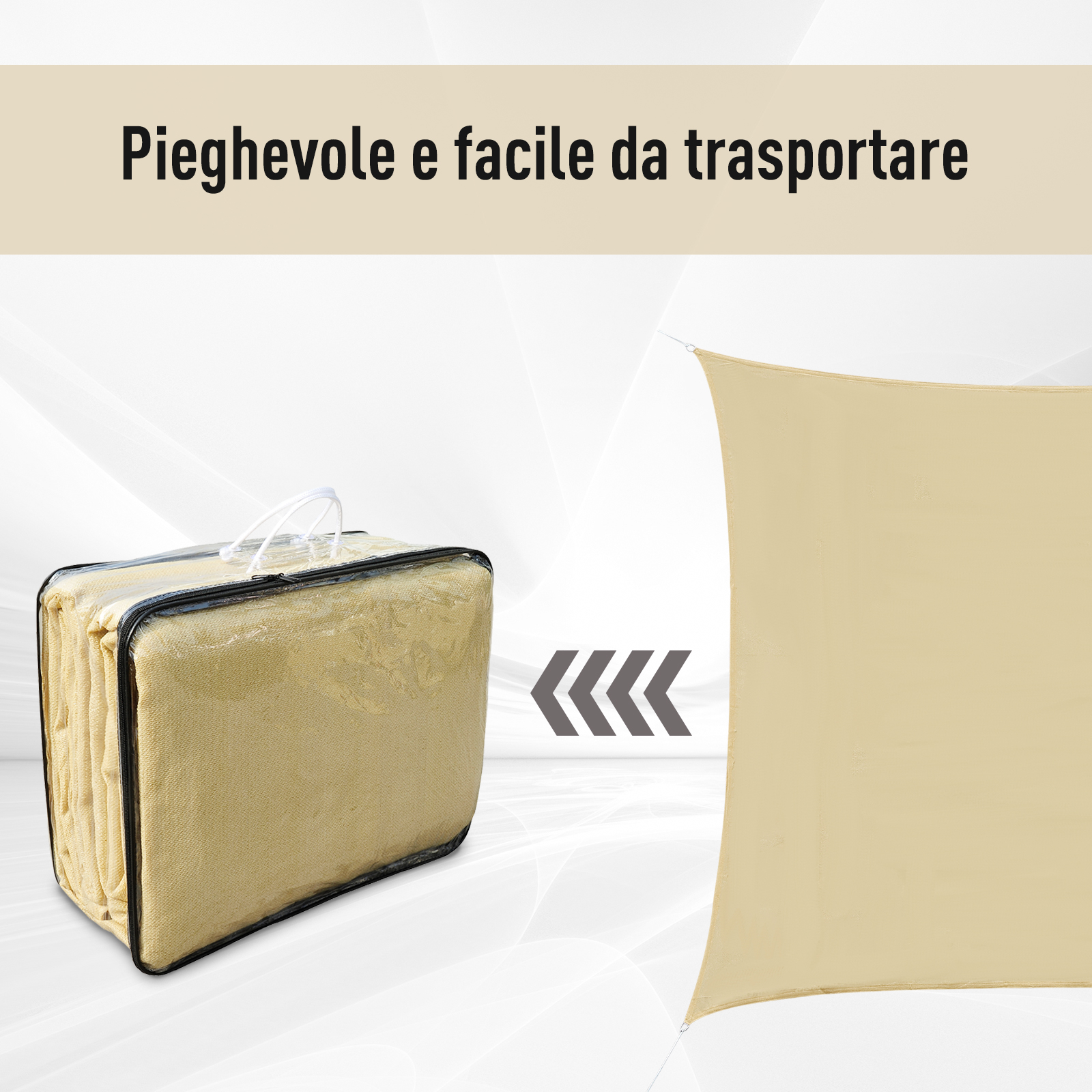 Telo parasole beige in borsa e spiegato accanto.