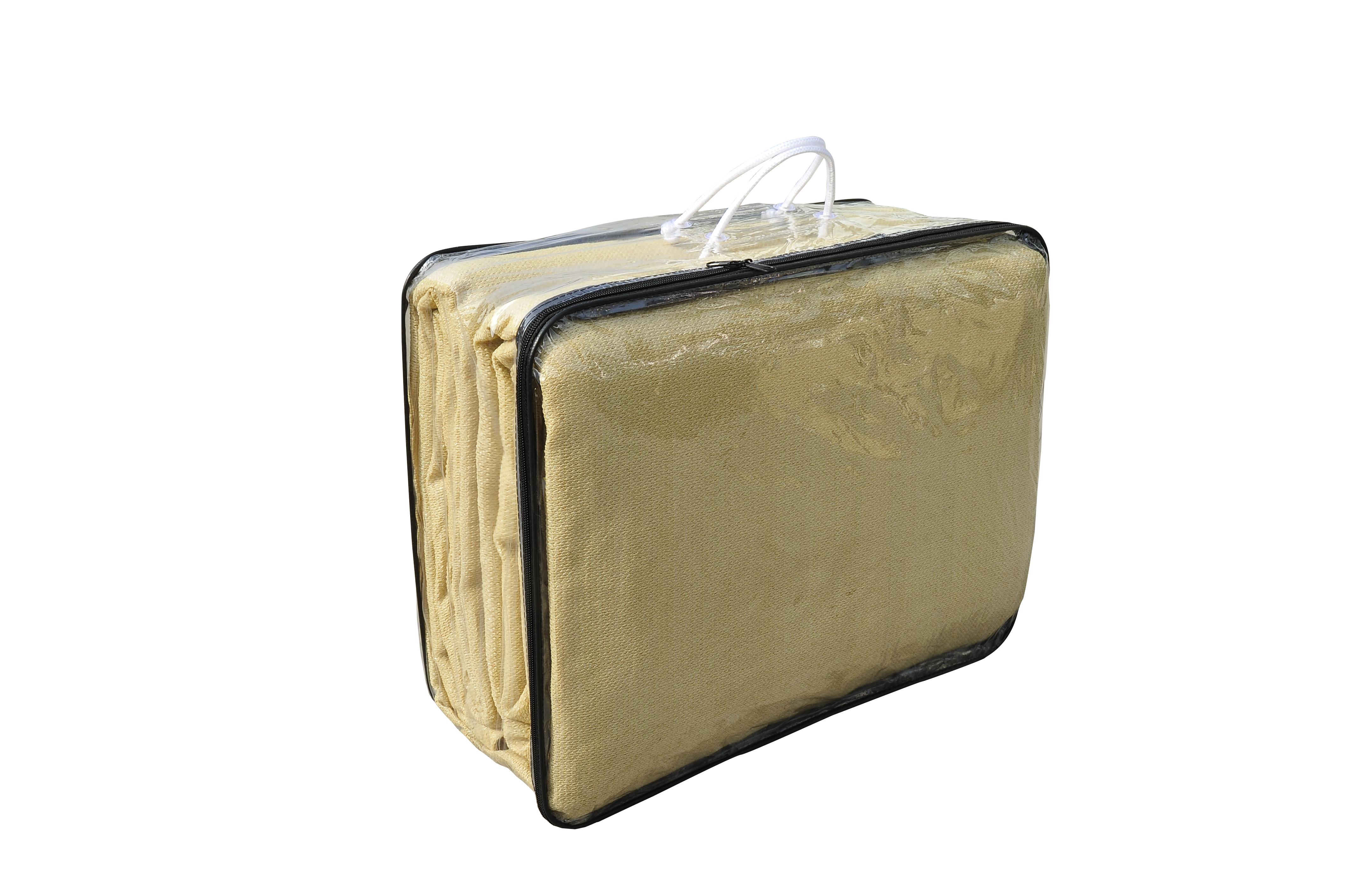 Un tessuto beige in una borsa trasparente con cerniera e manici.