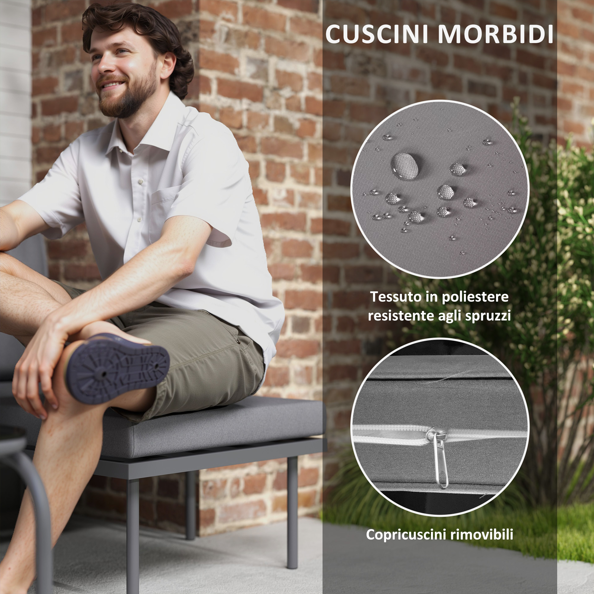Uomo seduto su panca grigia, mostrati dettagli di federa cuscino idrorepellente.
