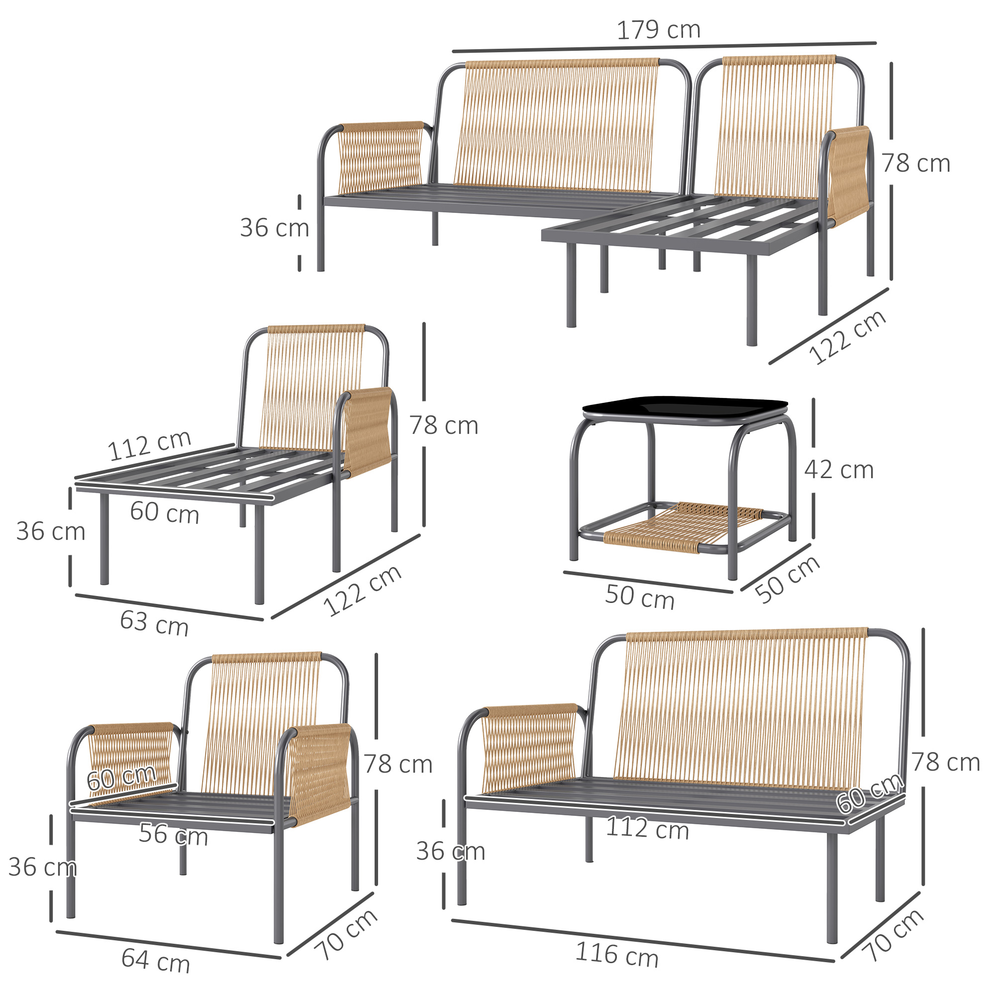 Set di mobili da esterno con dimensioni: divano angolare, poltrona, panca, tavolo.