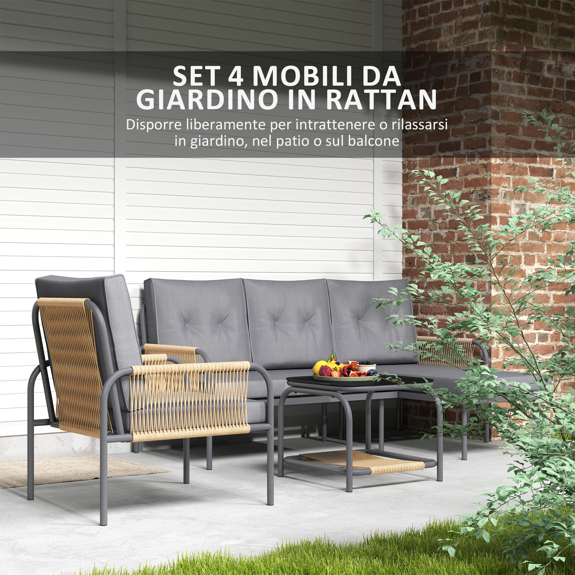Set mobili da giardino in rattan grigio con tavolo e sedute, su patio.