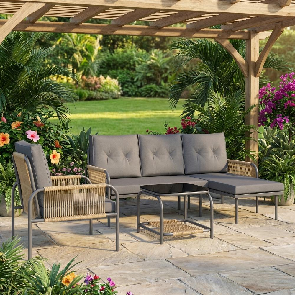 Divano, sedia e tavolo da esterno grigi su patio in pietra sotto pergola in legno.