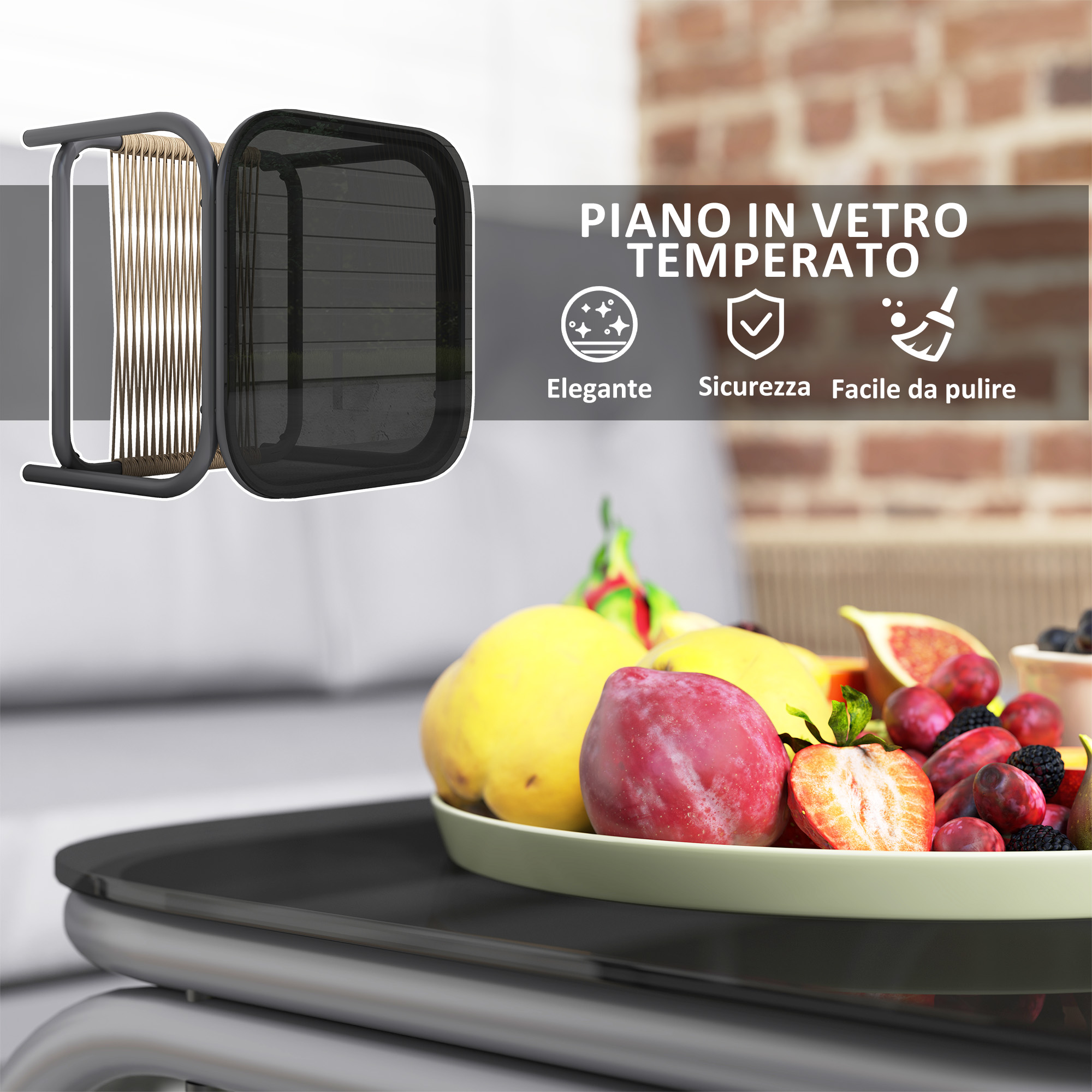 Un tavolino con piano in vetro e ciotola di frutta.