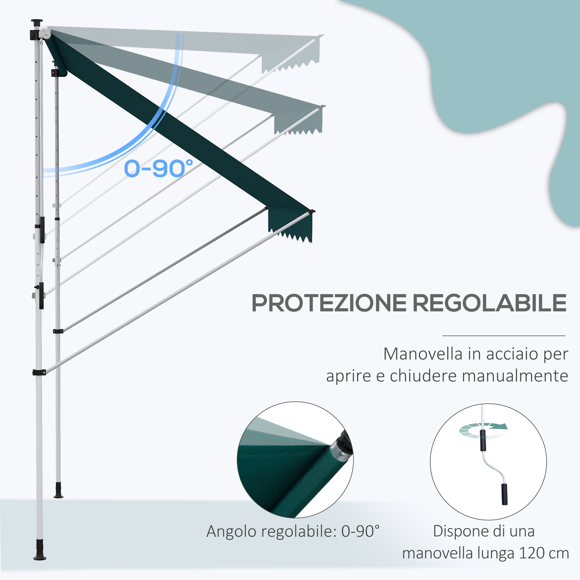 Tenda da sole regolabile con manovella in acciaio, angolo 0-90 gradi. Lunga 120cm.