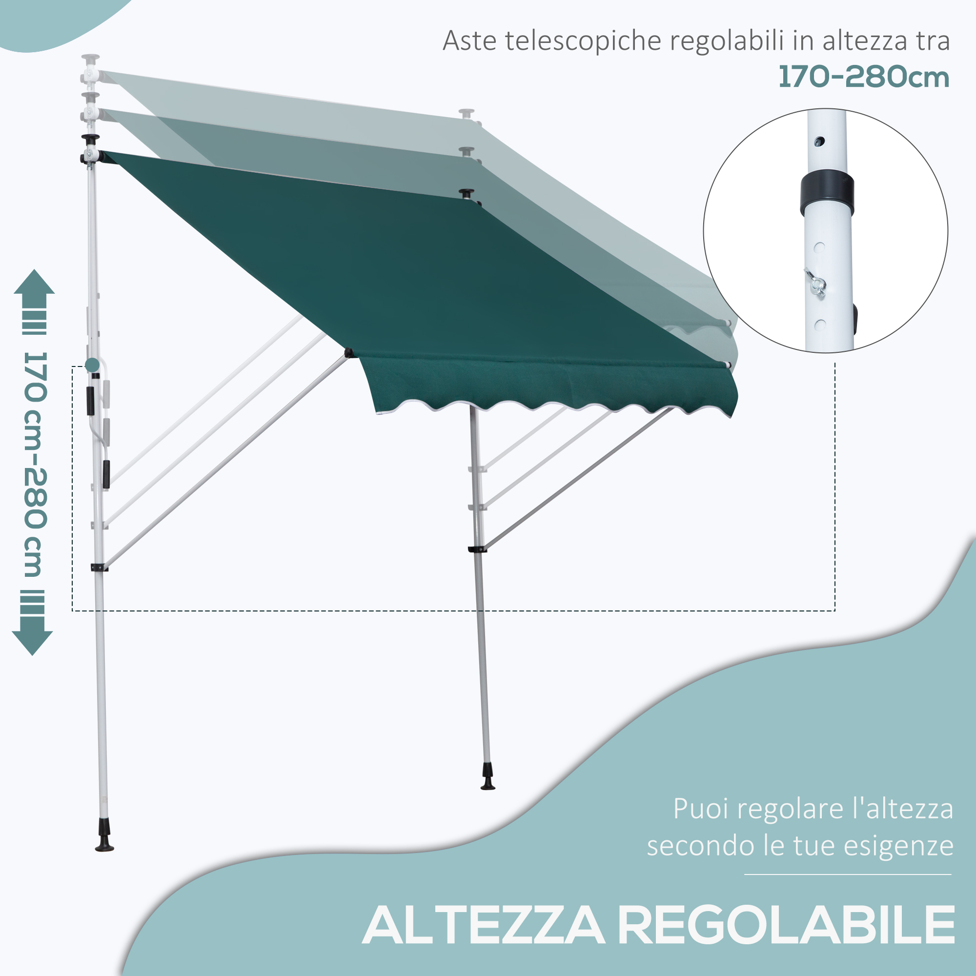 Aste telescopiche regolabili per tende da sole, altezza 170-280 cm.
