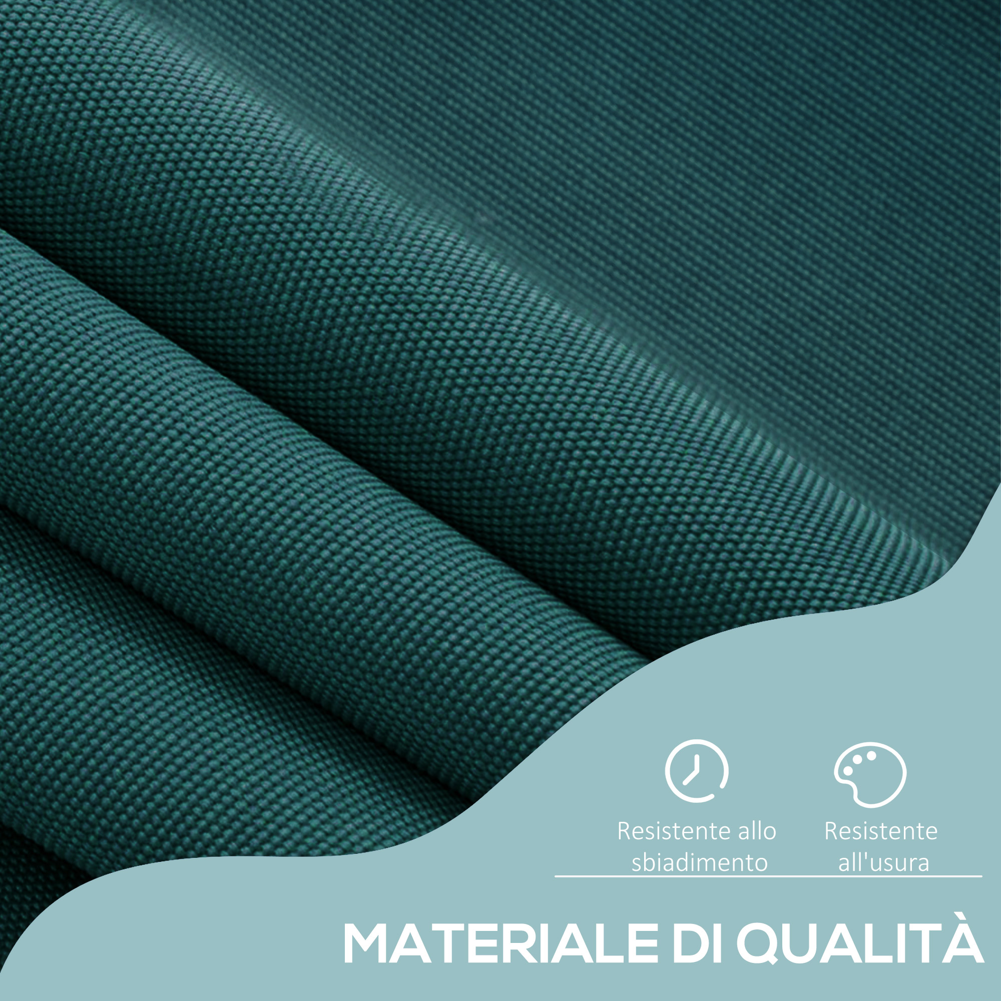 Tessuto verde scuro con motivo texturizzato, piegato. Testo in italiano.