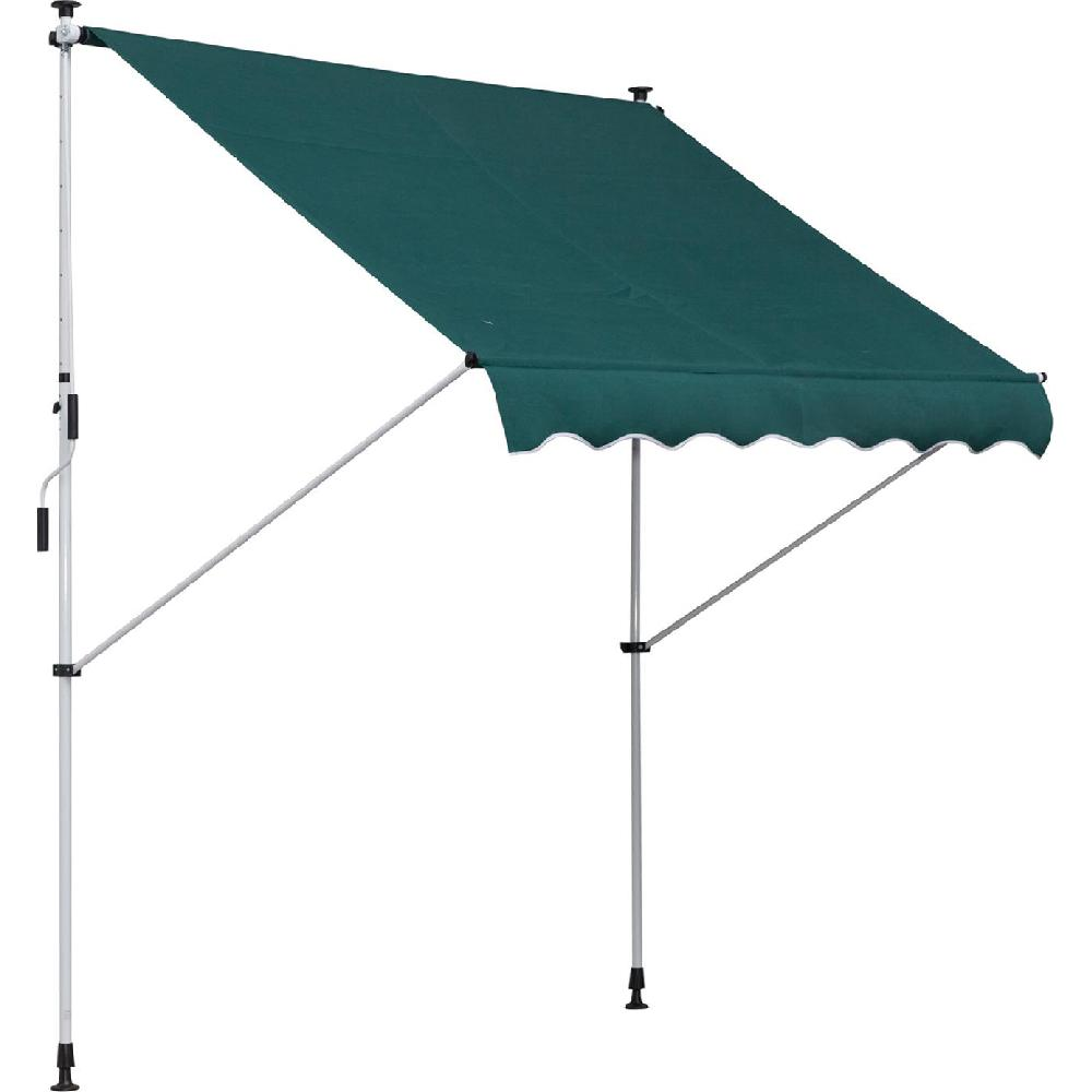 Una tenda da sole retrattile verde scuro con bordo smerlato e pali di supporto.