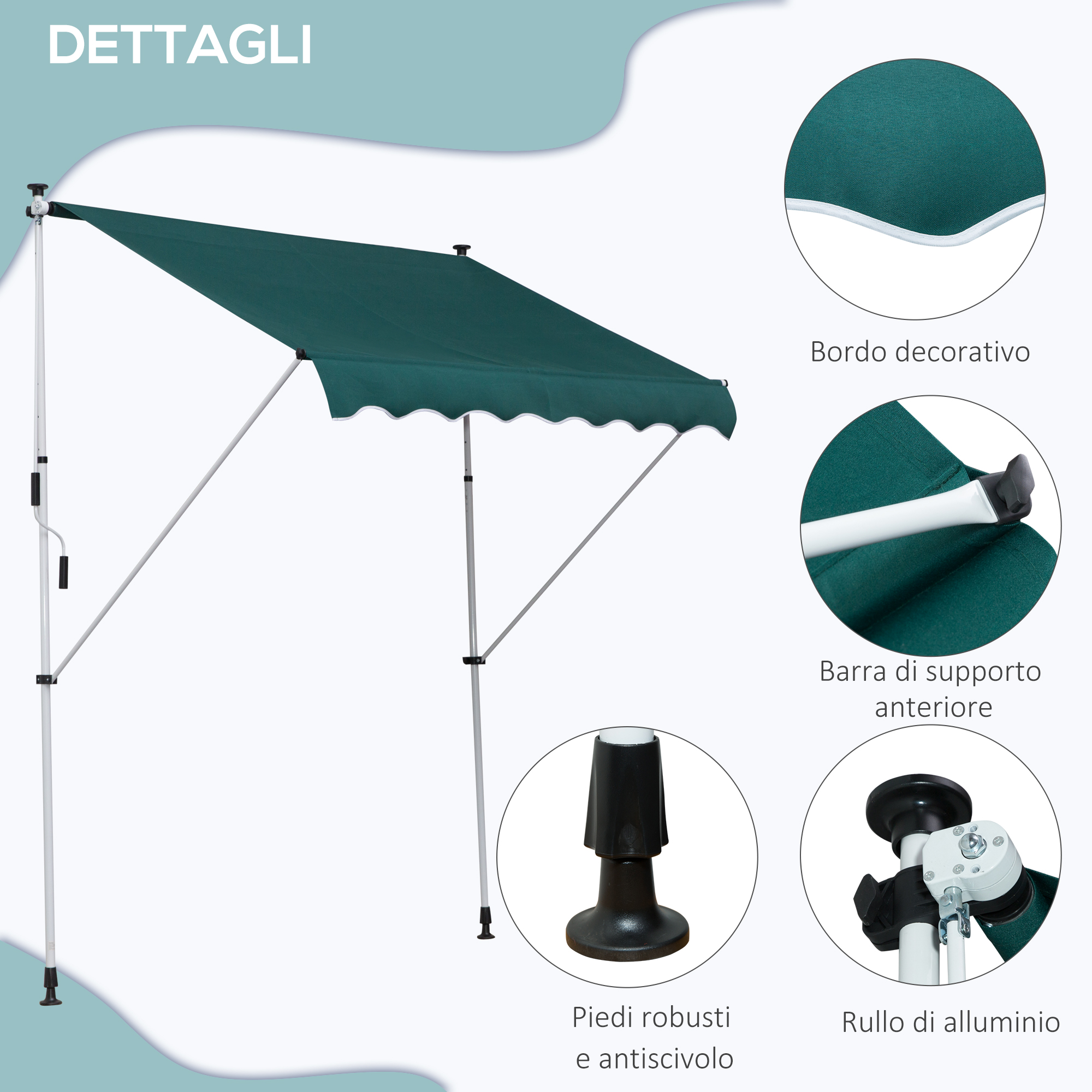 Tenda da sole verde con dettagli: bordo decorativo, barra di supporto, piedi e rullo.