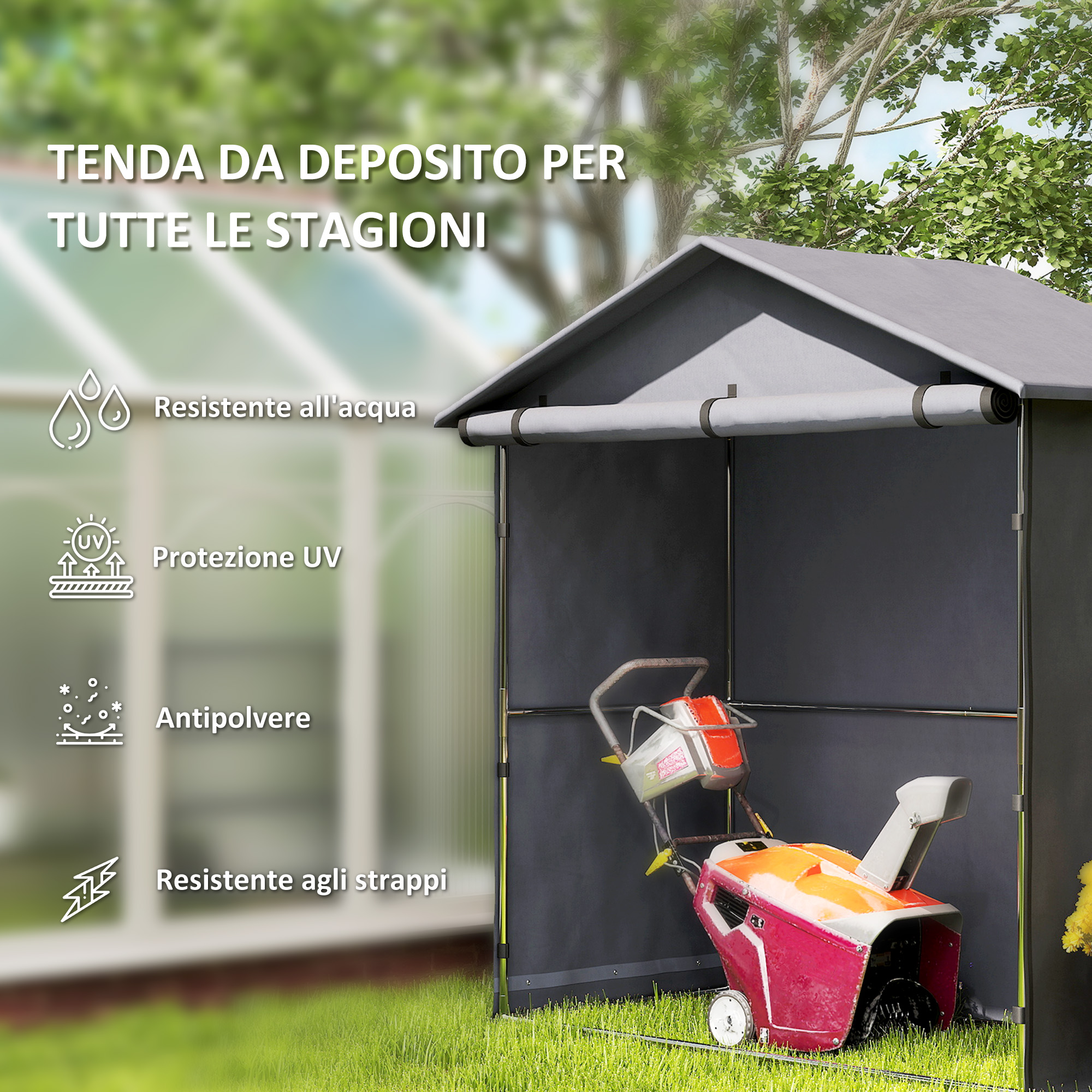 Tenda da deposito con spazzaneve, resistente all'acqua, protezione UV, antipolvere.