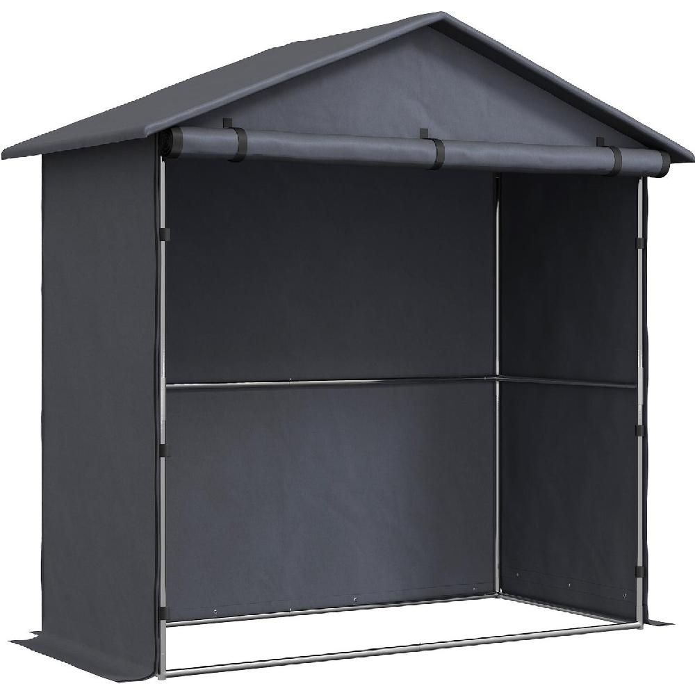 Una tenda grigia con telaio in metallo e tetto a due falde. La parte anteriore è aperta.
