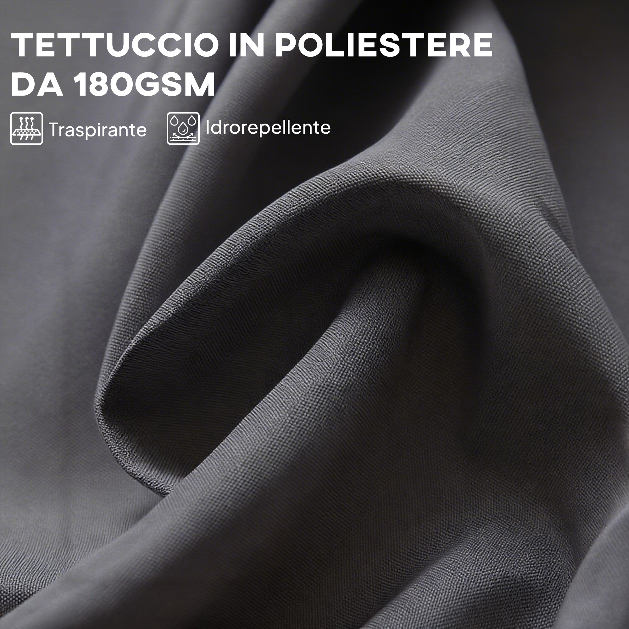 Tessuto in poliestere grigio, 180GSM, traspirante e idrorepellente.
