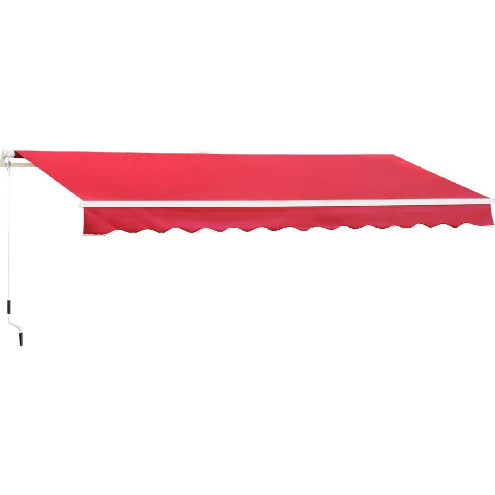 Un tessuto per tenda da sole rosso aperto con bordo bianco e asta a manovella.