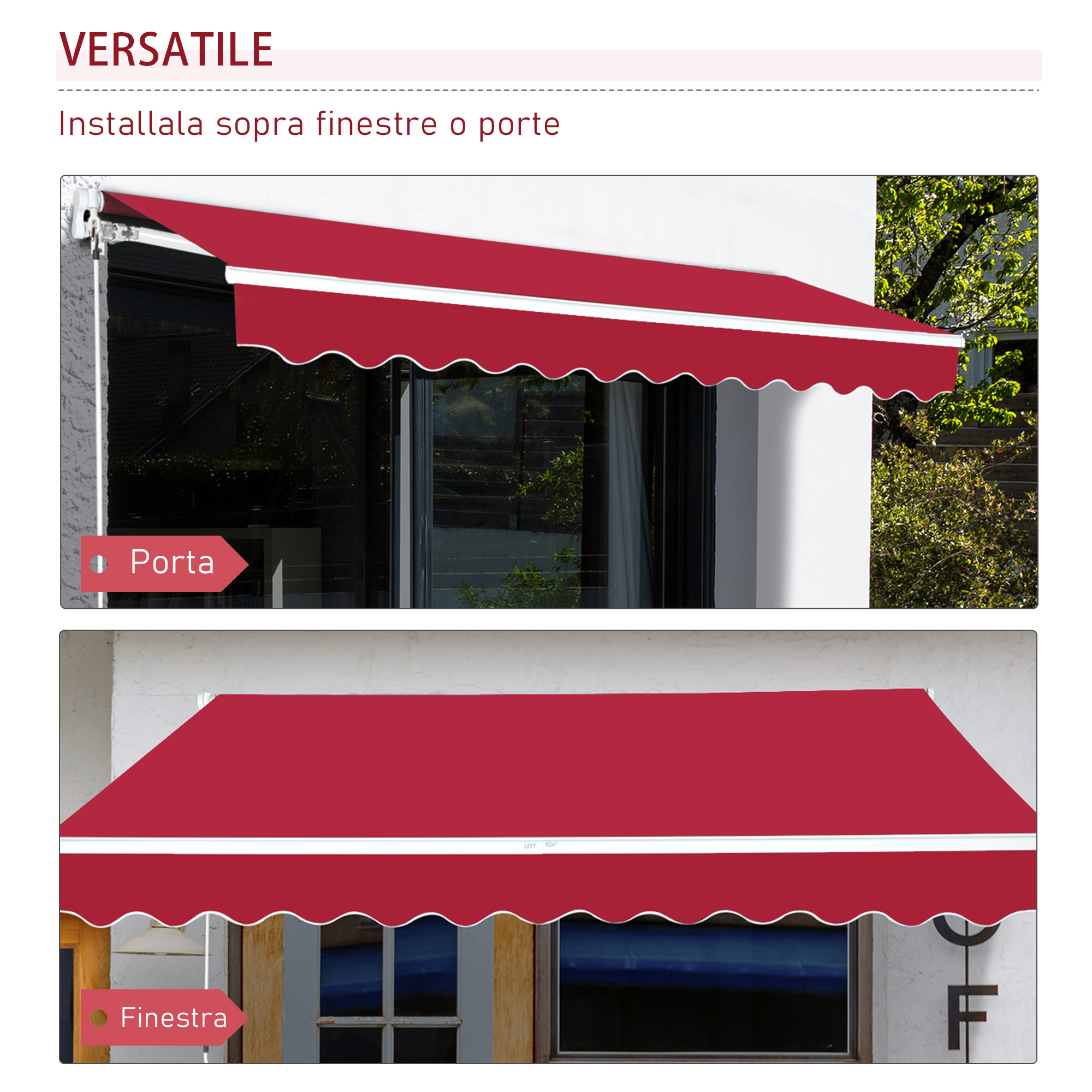 Tenda da sole rossa su finestre e porte, con bordo a festoni e striscia bianca.
