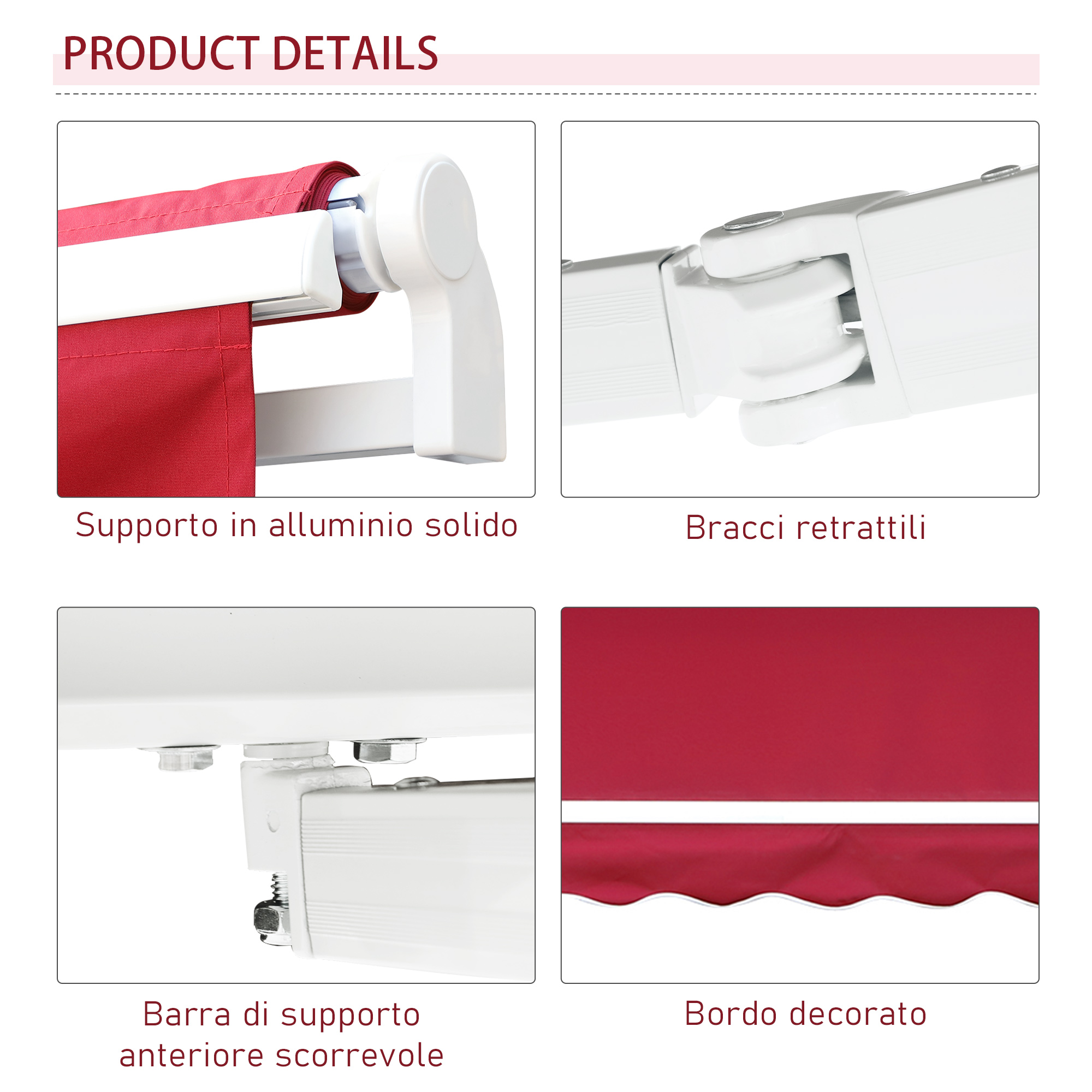 Dettagli prodotto: supporto alluminio, bracci retrattili, barra scorrevole, bordo decorato.