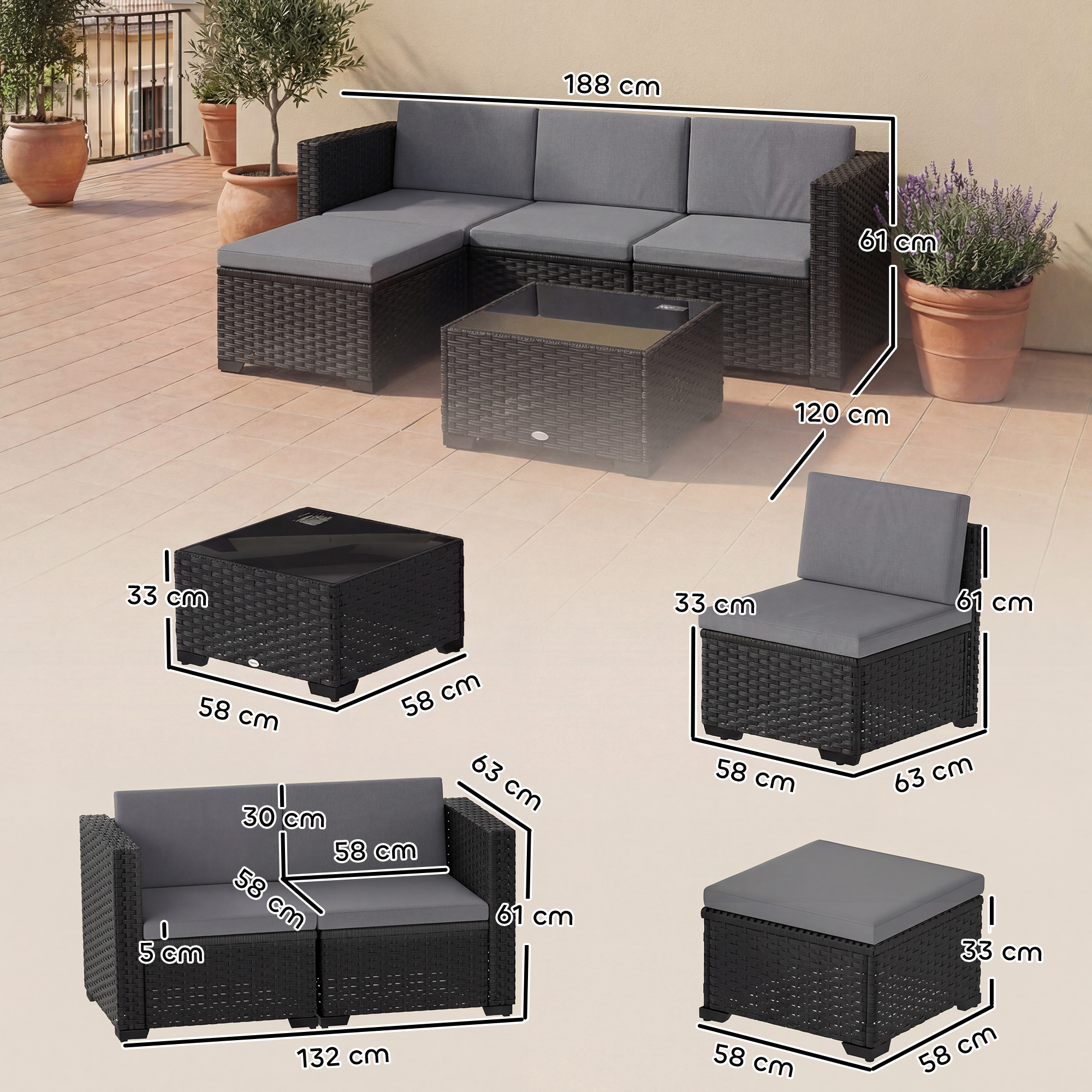 Set di mobili da esterno in vimini con cuscini grigi e dimensioni.