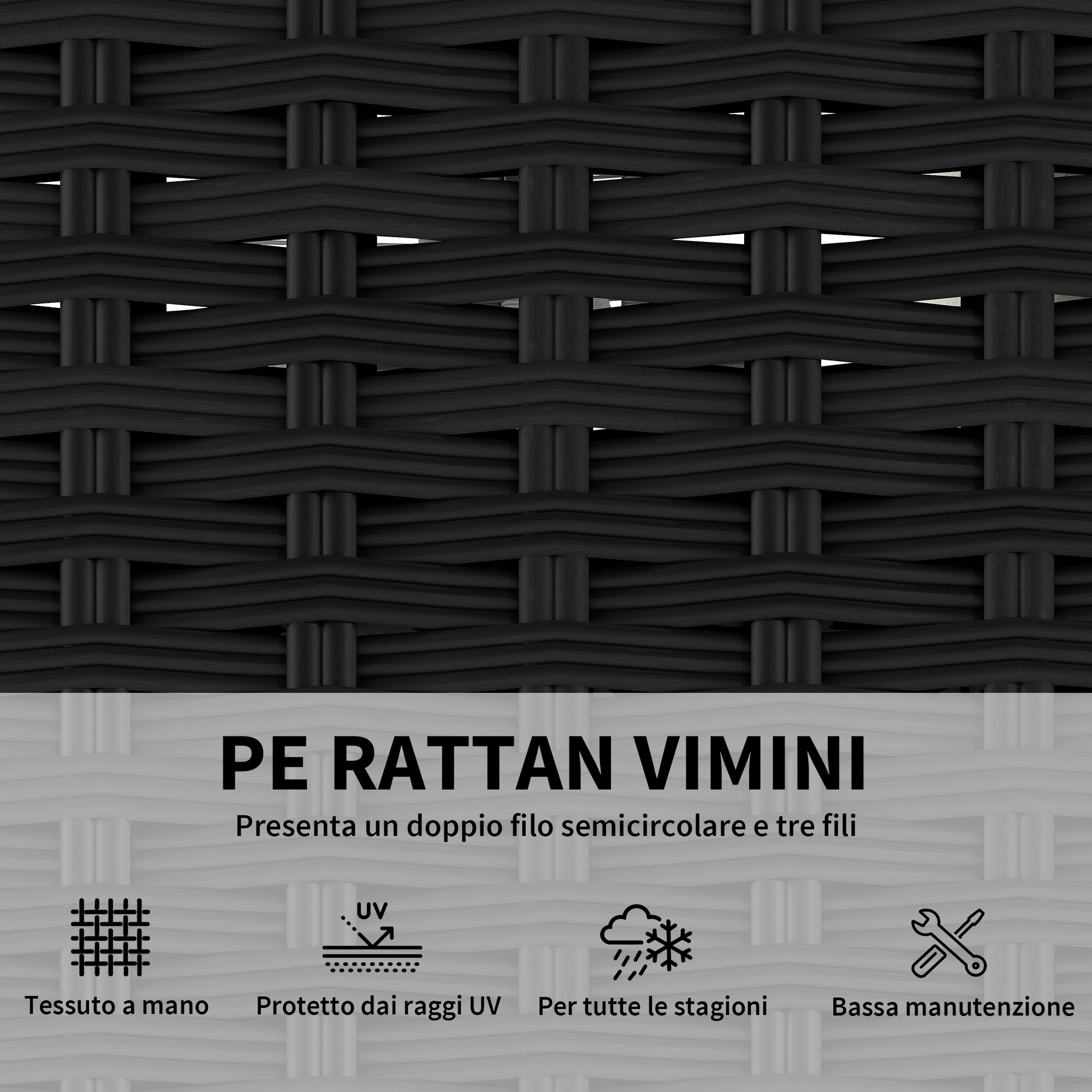 Trama in rattan PE nero con icone per tessuto a mano, protetto UV, tutte le stagioni, bassa manutenzione.