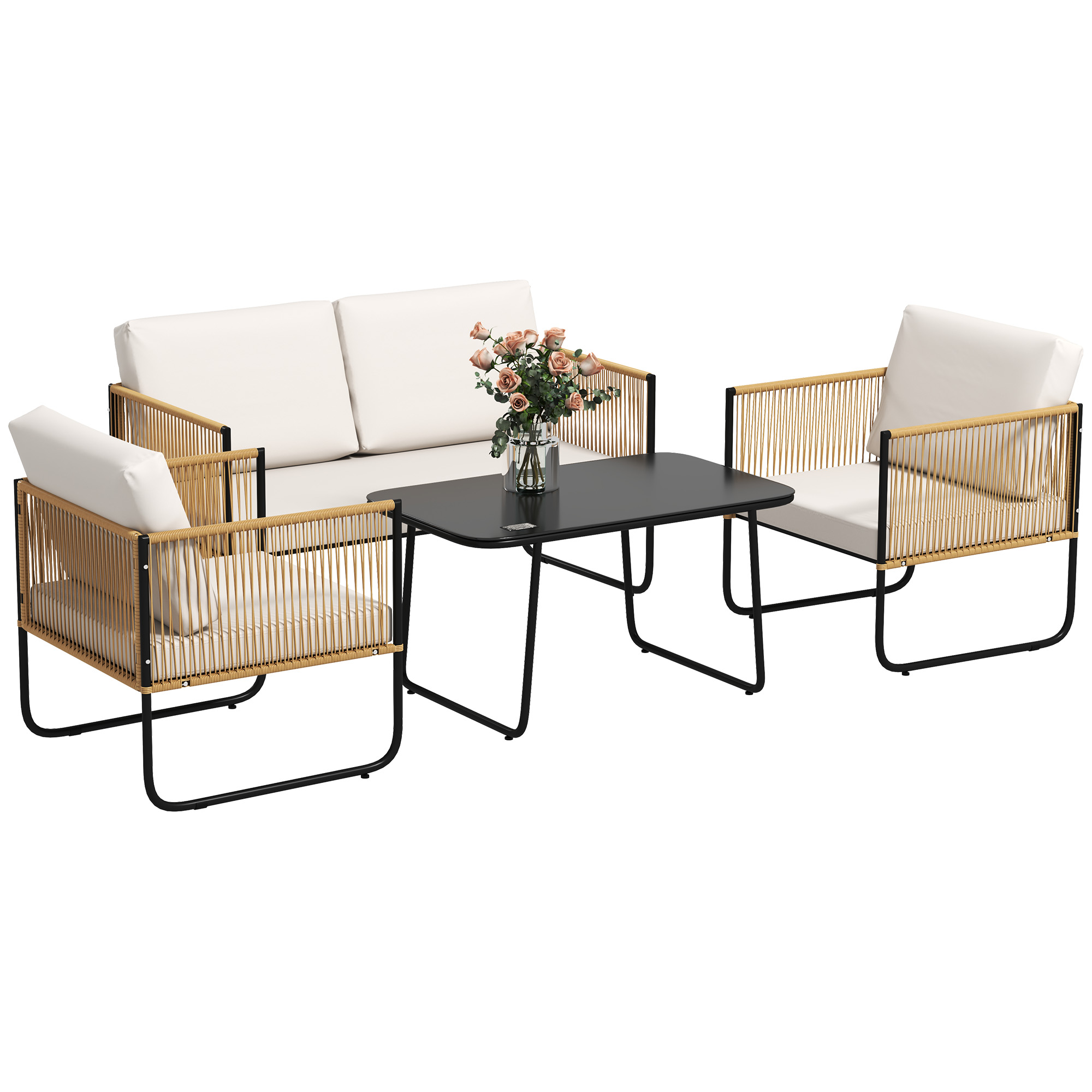 Set di mobili da esterno con divano bianco, due poltrone e tavolo nero con fiori.