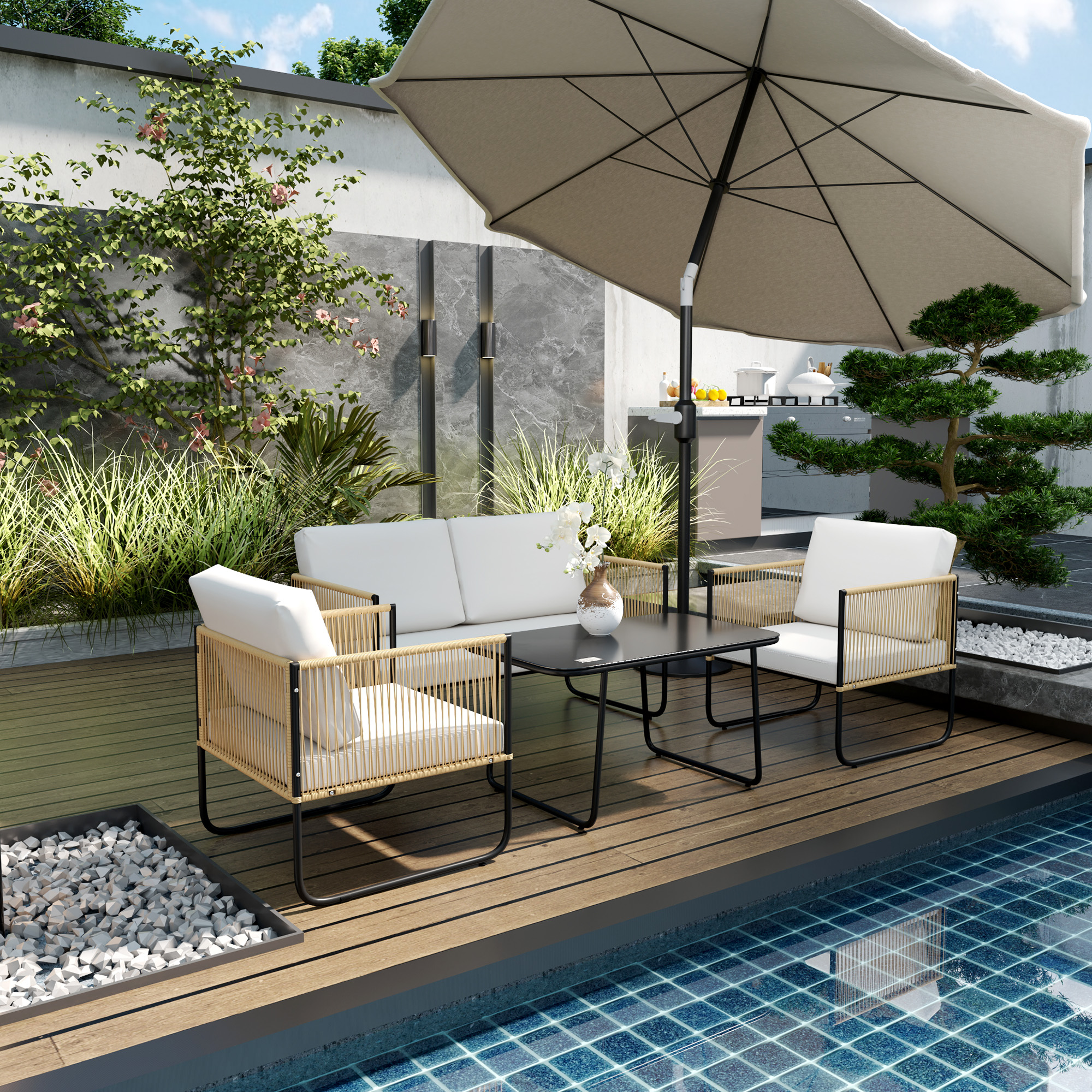 Area living esterna con divano bianco, poltrone, tavolo, ombrellone e piscina.