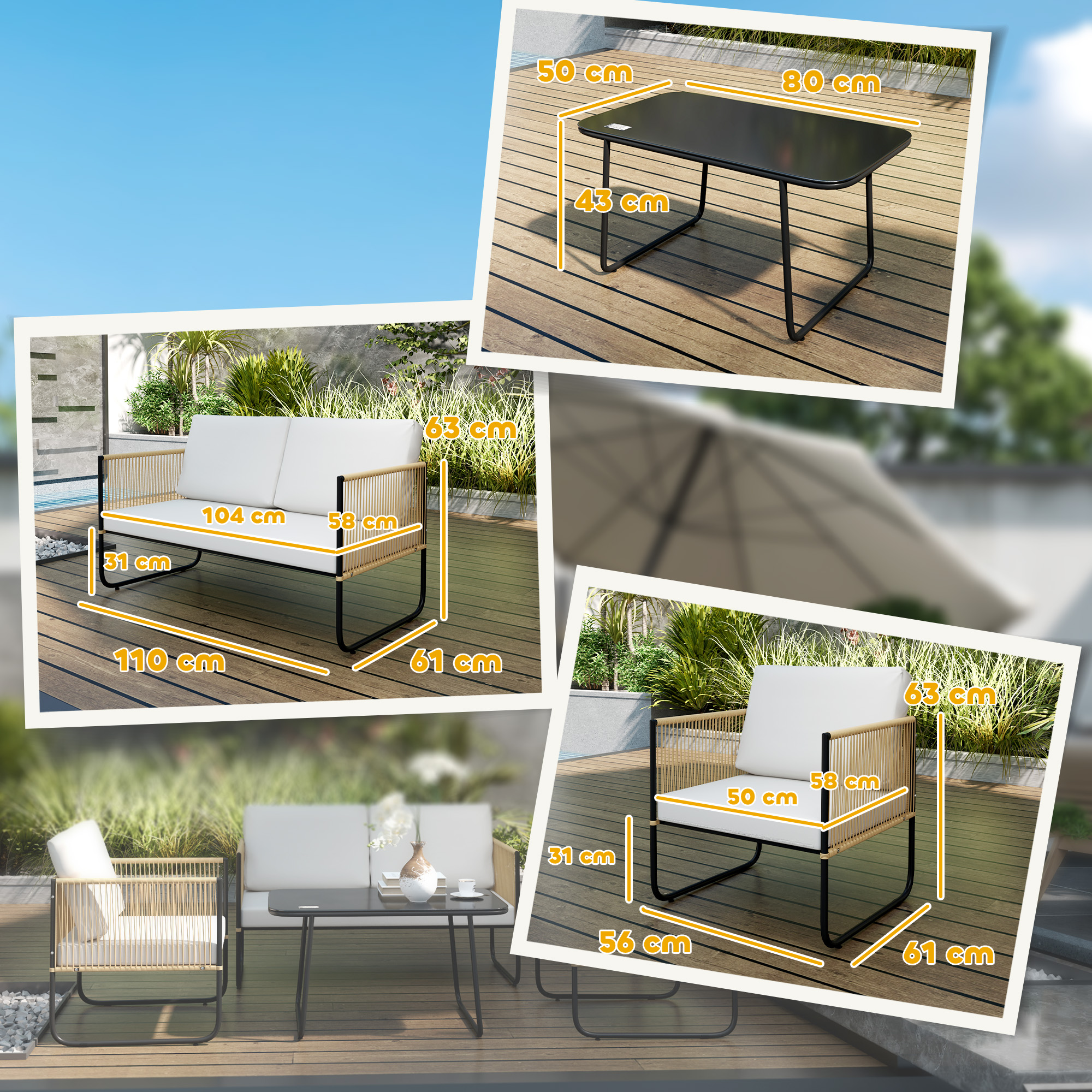 Set di mobili da esterno: tavolo (80x50x43cm), divanetto (110x58x63cm) e poltrona (56x58x63cm).