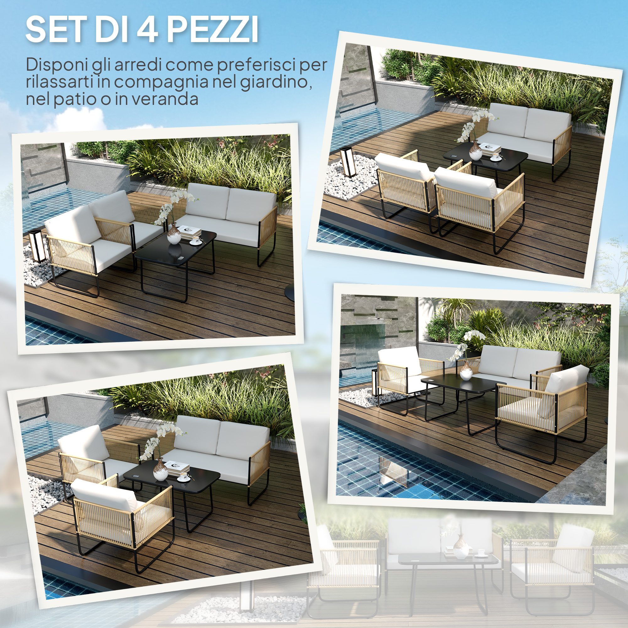 Quattro set di mobili da giardino con cuscini bianchi su pontili in legno.