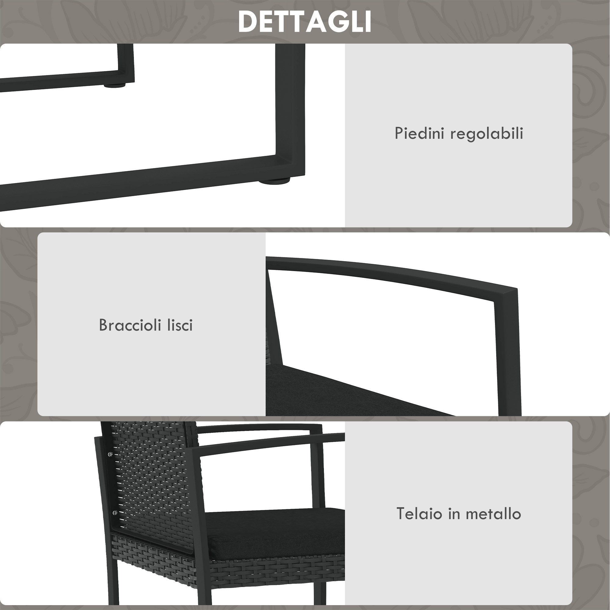 Dettagli: piedini regolabili, braccioli lisci, telaio in metallo su sedia in vimini.