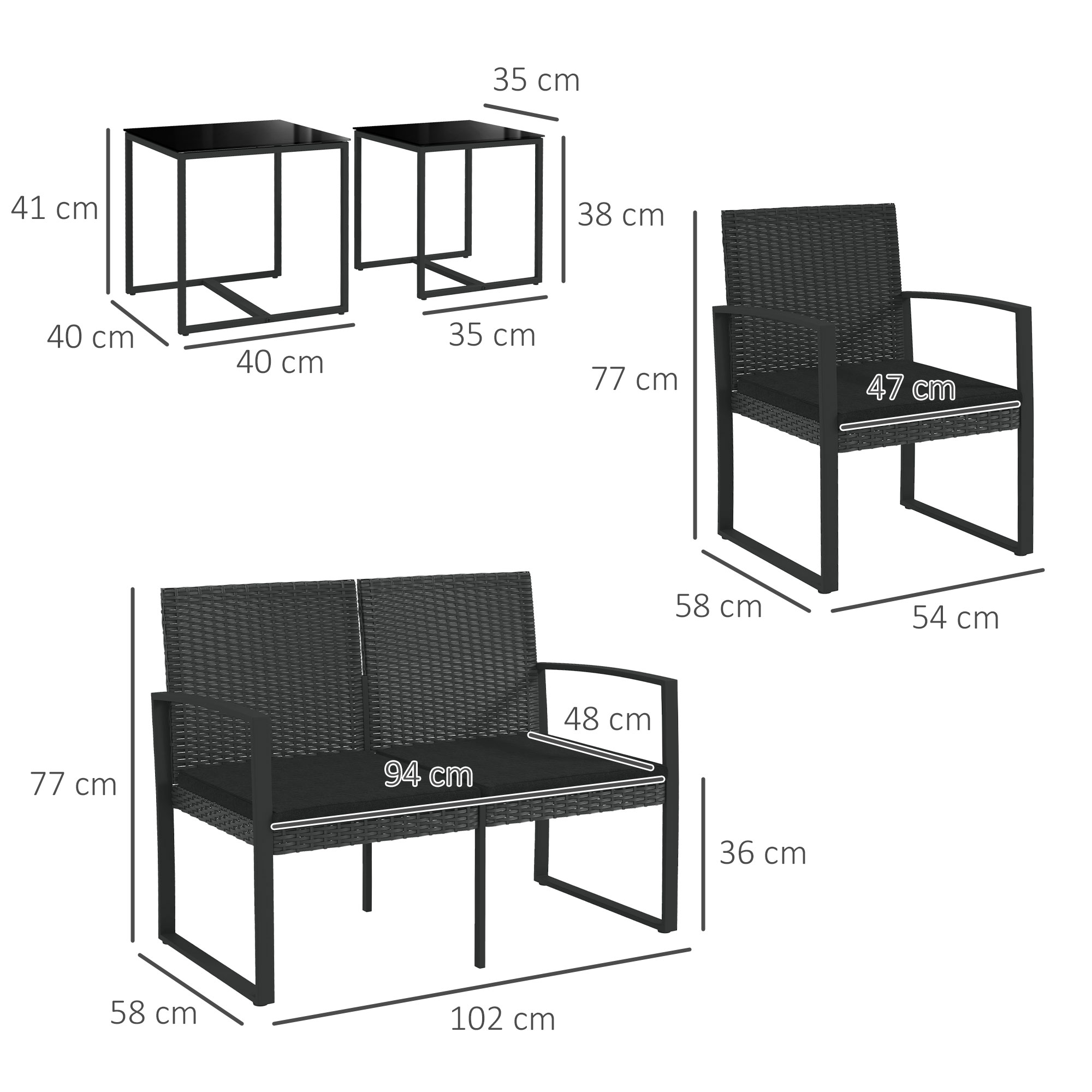 Mobili da esterno neri con dimensioni: due tavoli, una poltrona, un divanetto.