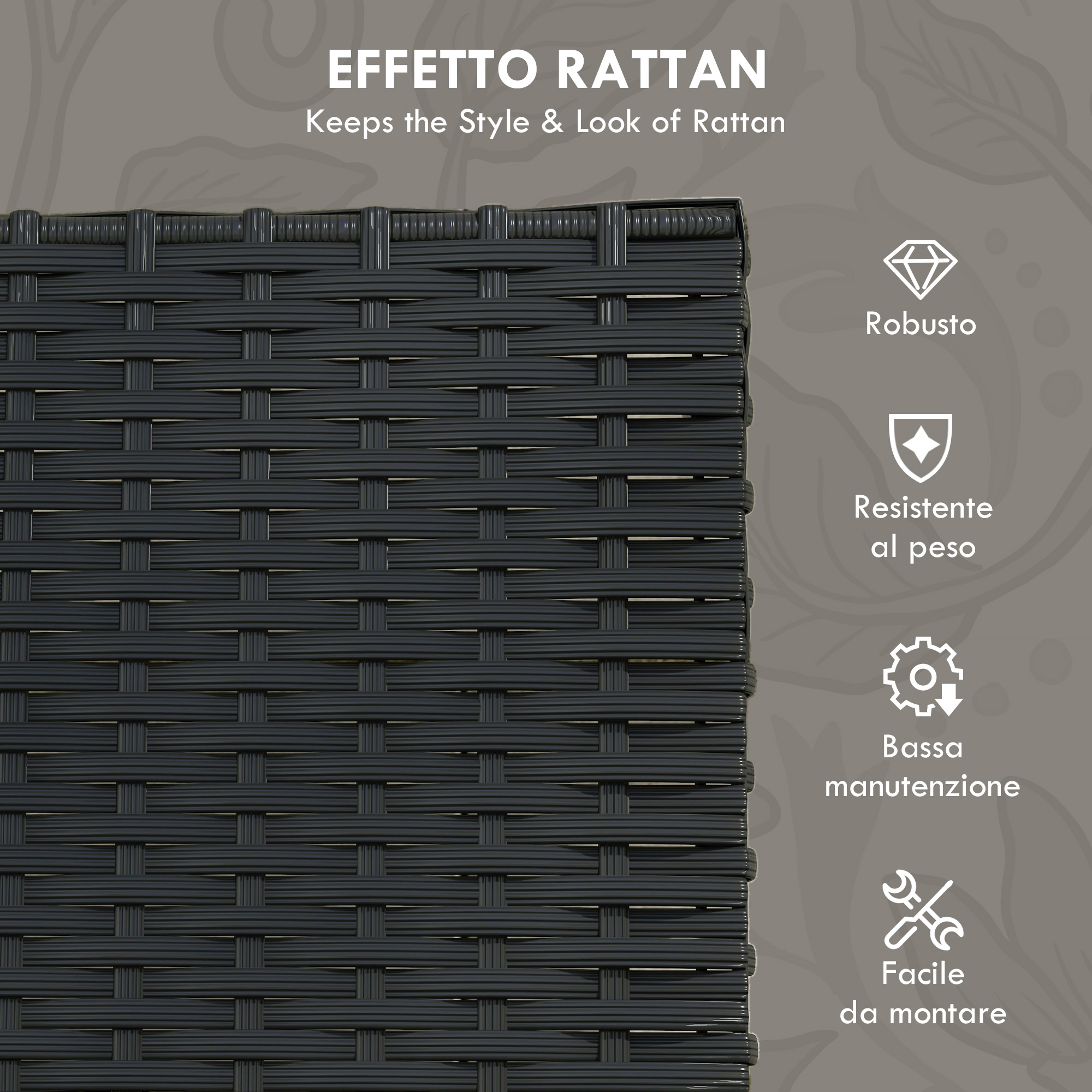Primo piano di materiale di rattan intrecciato scuro con testo.