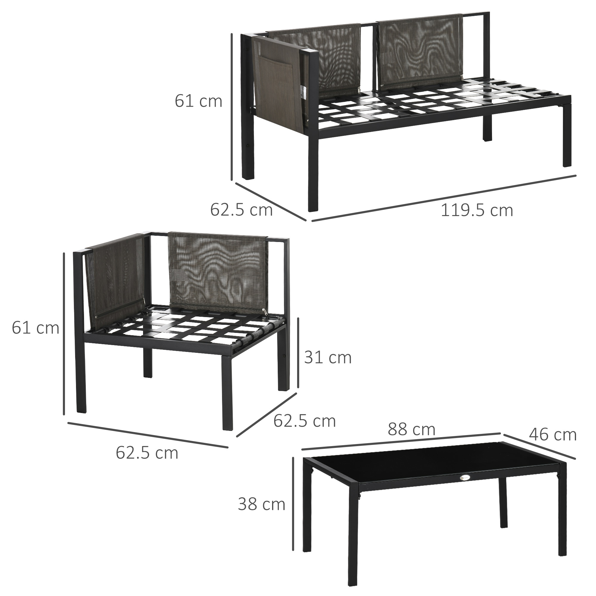 Set di mobili da esterno con divano, poltrona e tavolo. Dimensioni indicate.