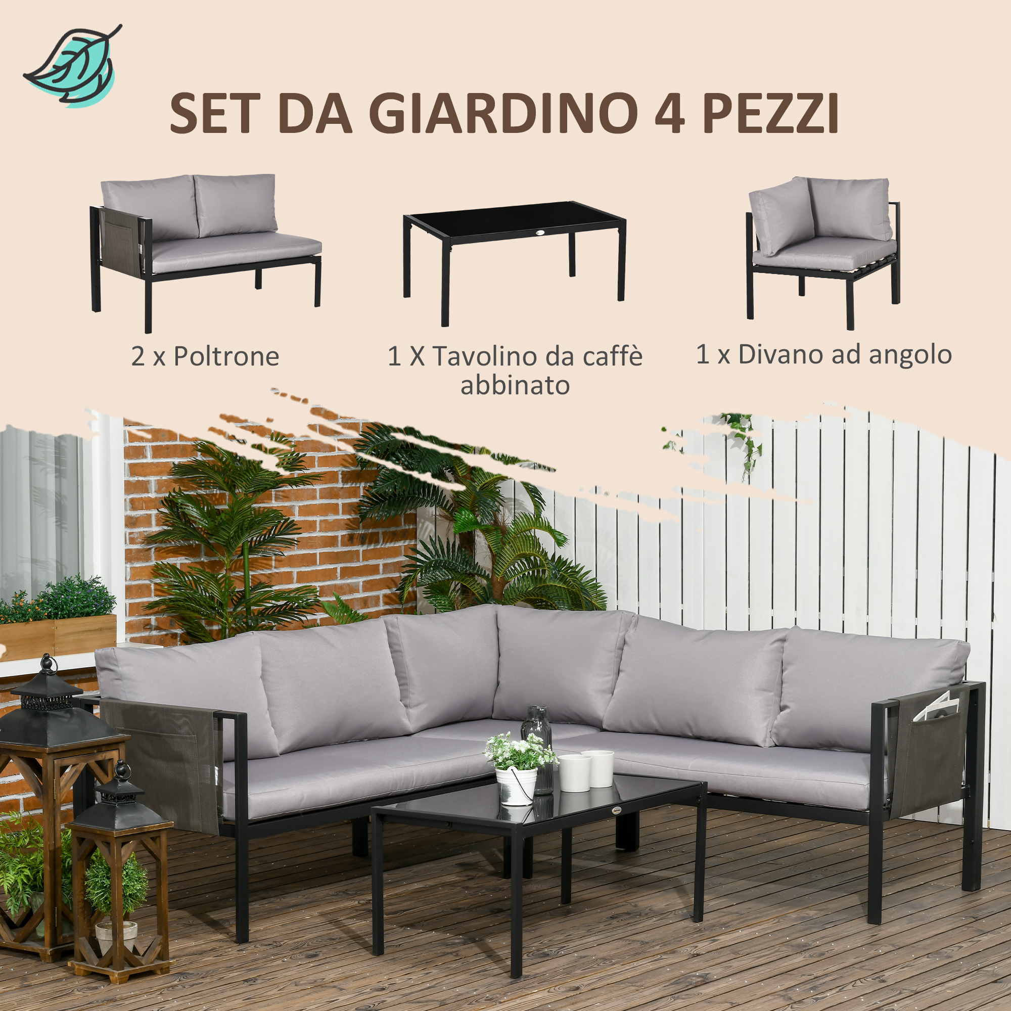 Set da giardino da 4 pezzi con divano angolare grigio, due poltrone e tavolo nero.