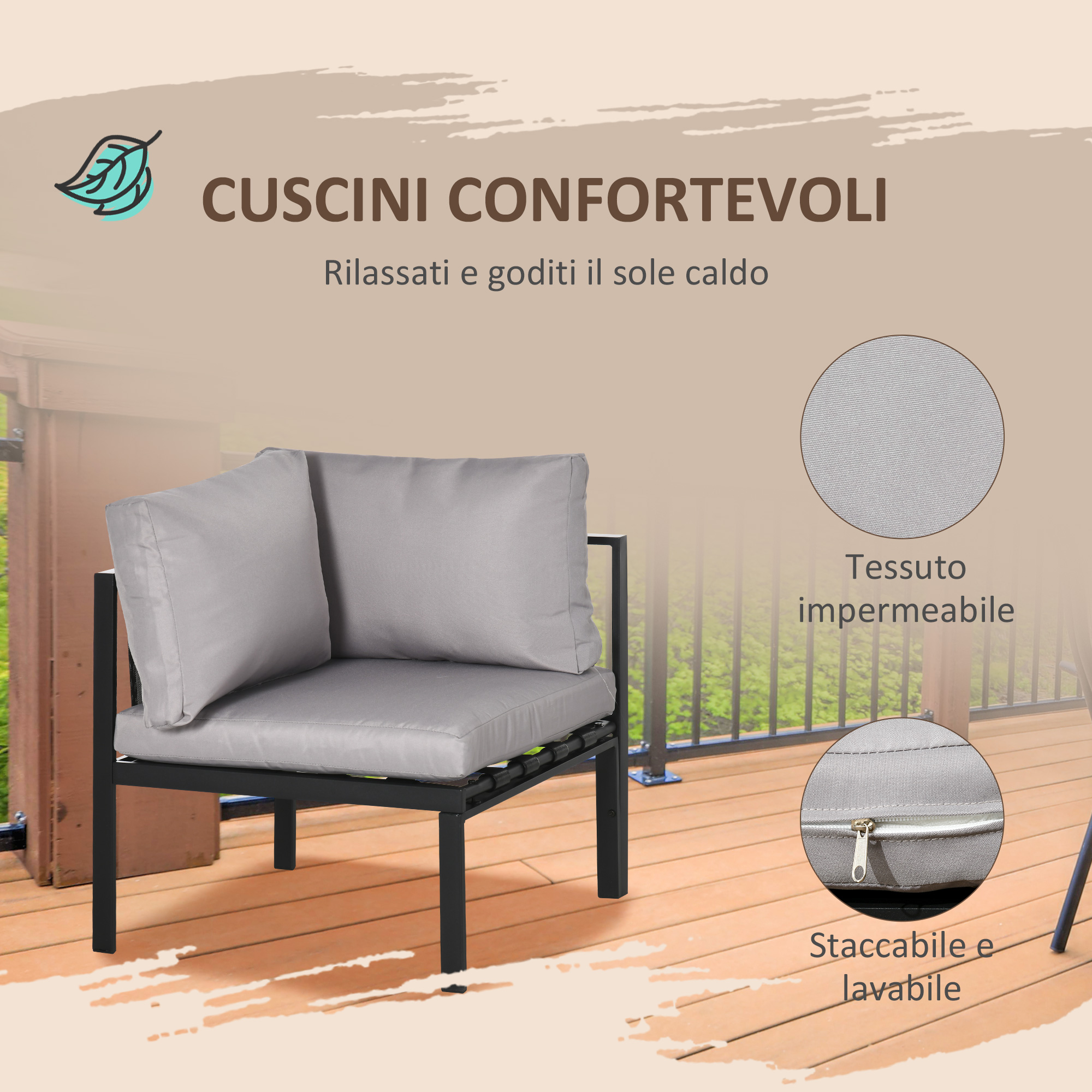 Poltrona angolare grigia con cuscini su deck di legno, dettagli tessuto.