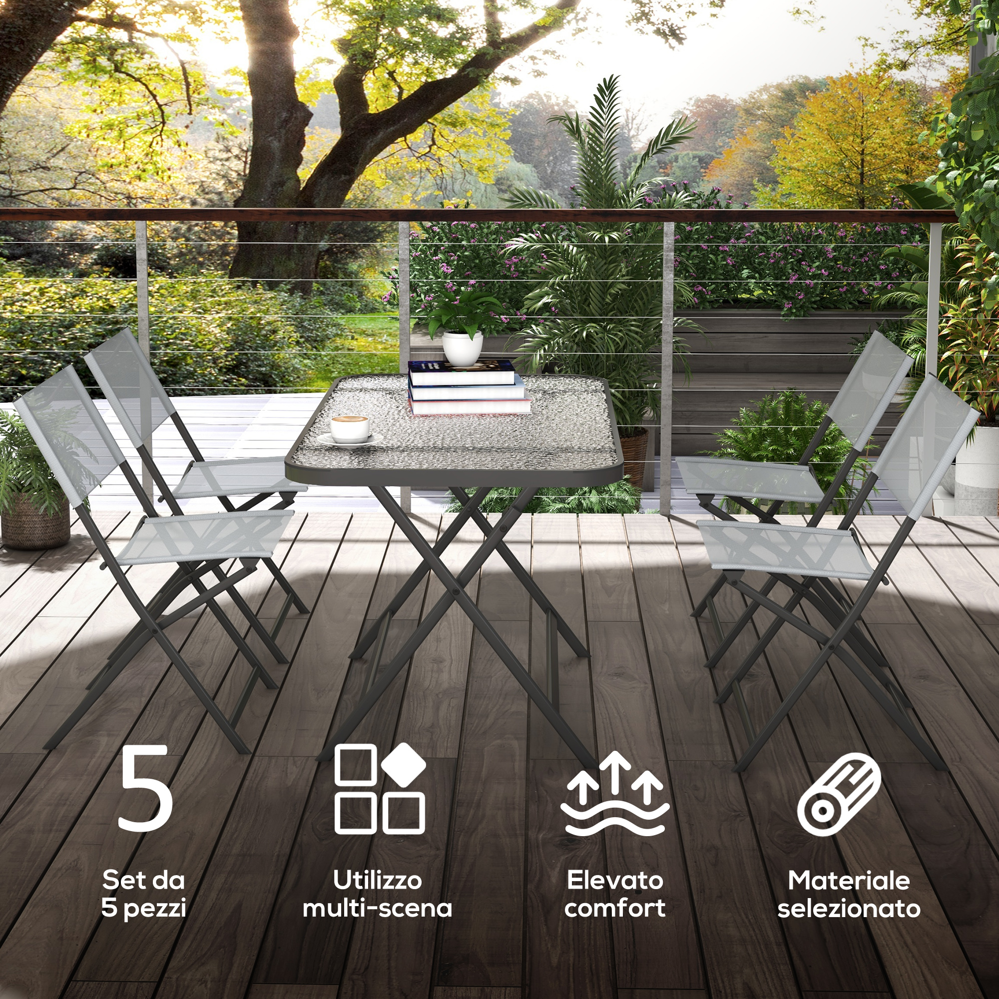 Un set da giardino da 5 pezzi con sedie grigie e tavolo in vetro su un terrazzo in legno.