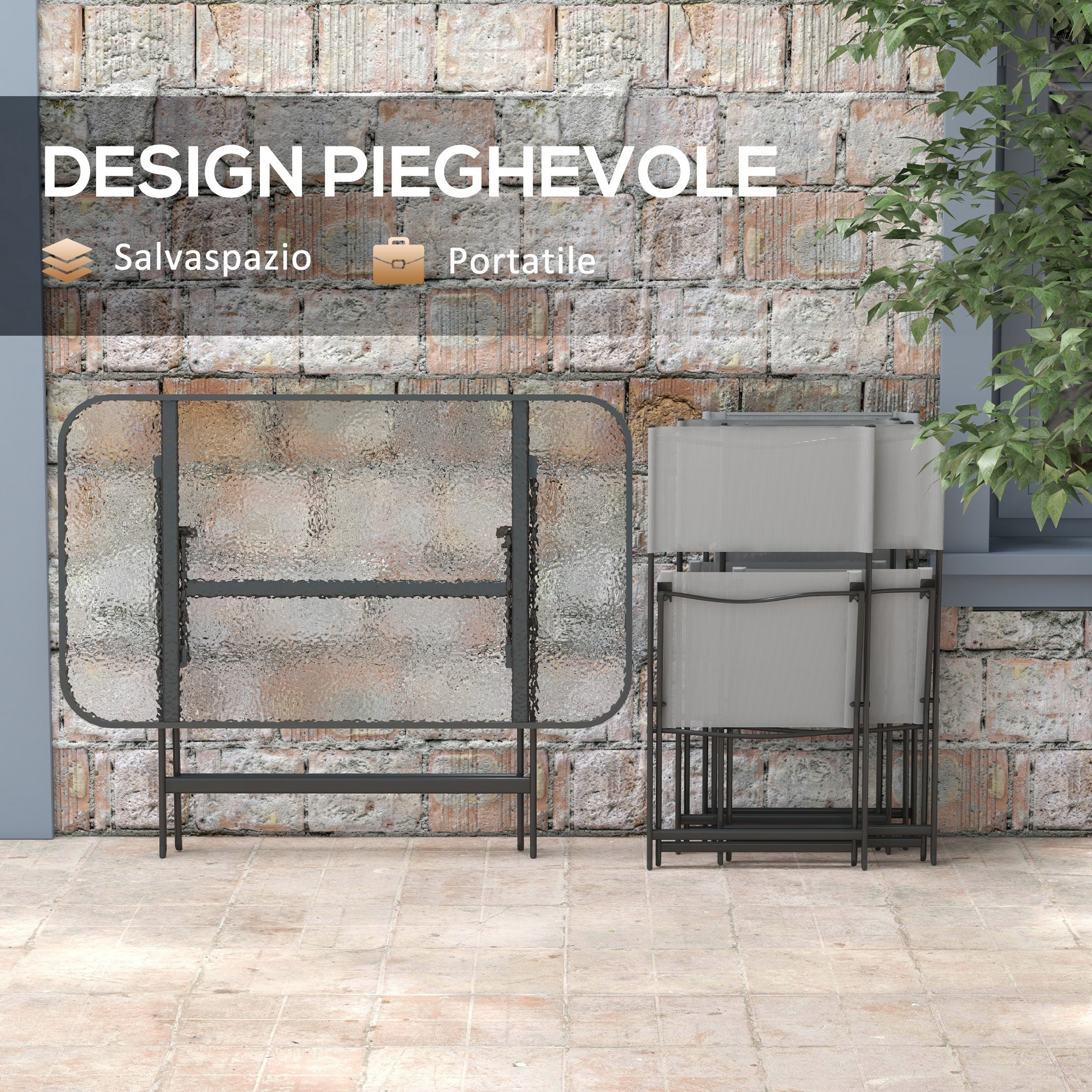 Un tavolo pieghevole in vetro e due sedie pieghevoli si trovano su un patio pavimentato.