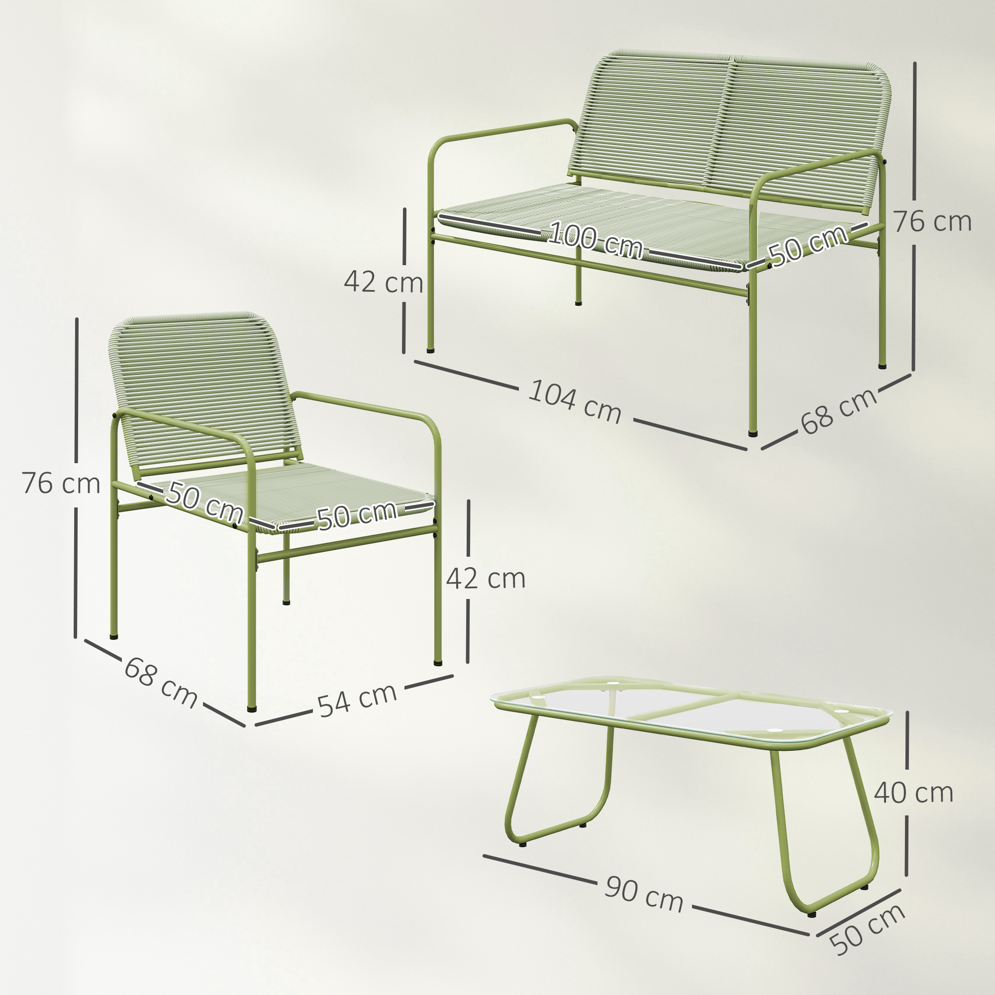 Arredo giardino verde: divanetto, poltrona e tavolino in vetro. Misure indicate.