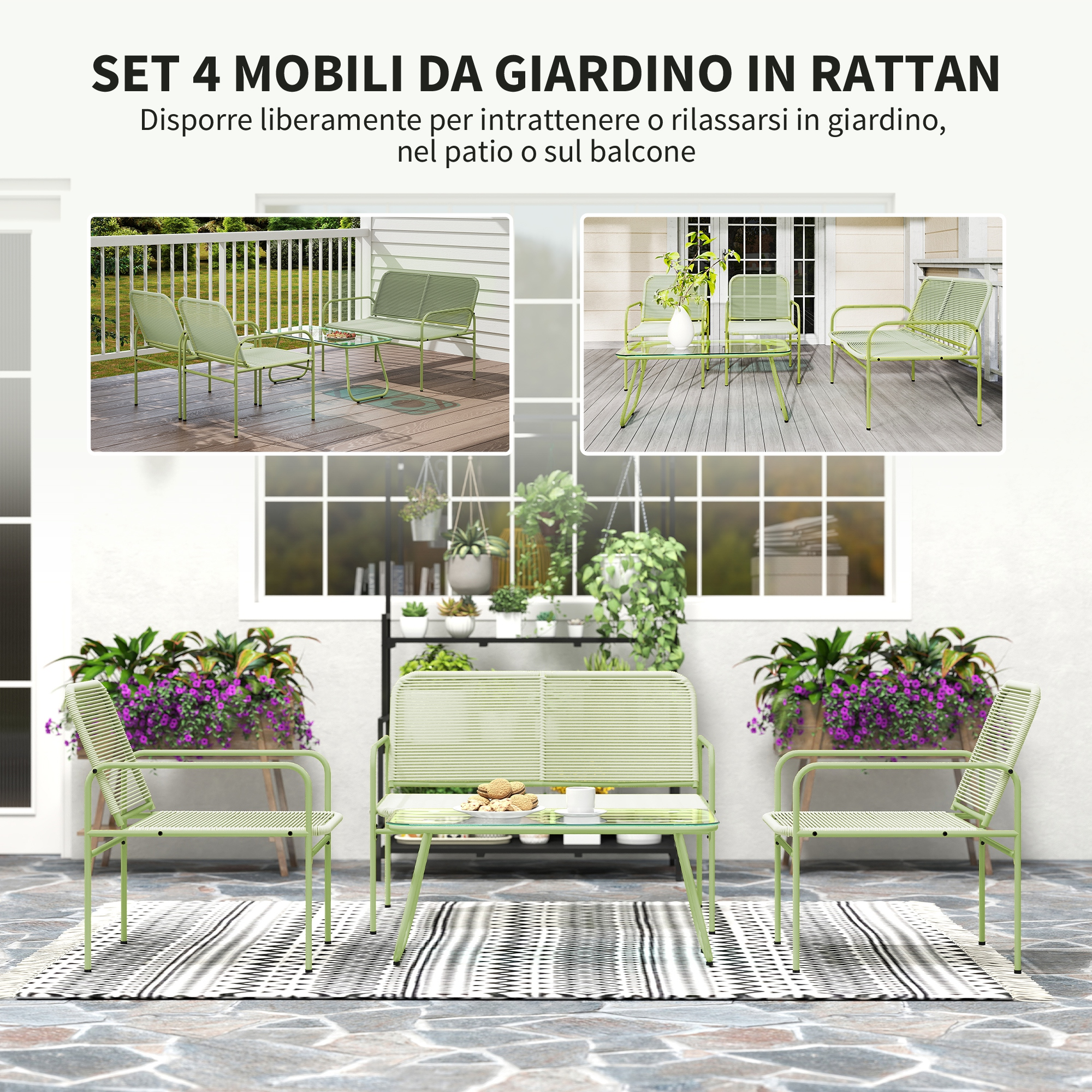 Set di mobili da giardino in rattan verde chiaro su un patio.