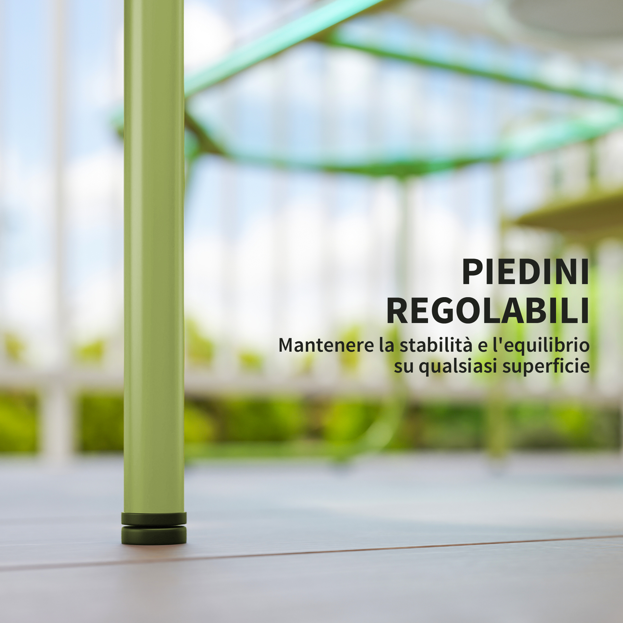 Gamba tavolo regolabile verde con base nera su pavimento in legno.