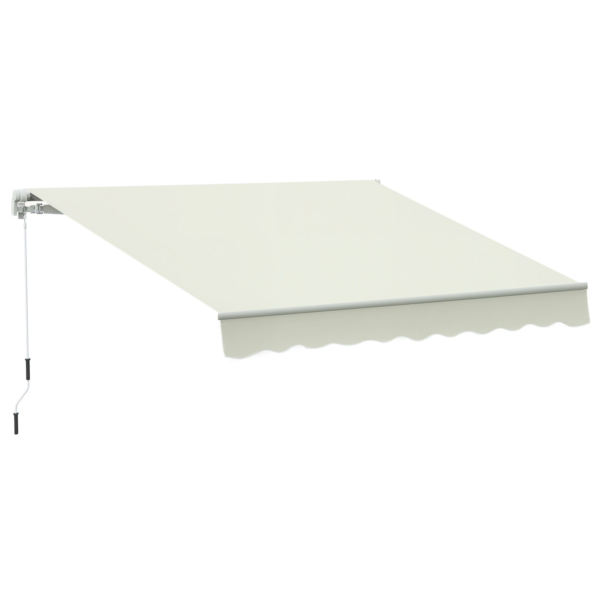 Una tenda da sole color crema con bordo smerlato e manovella.