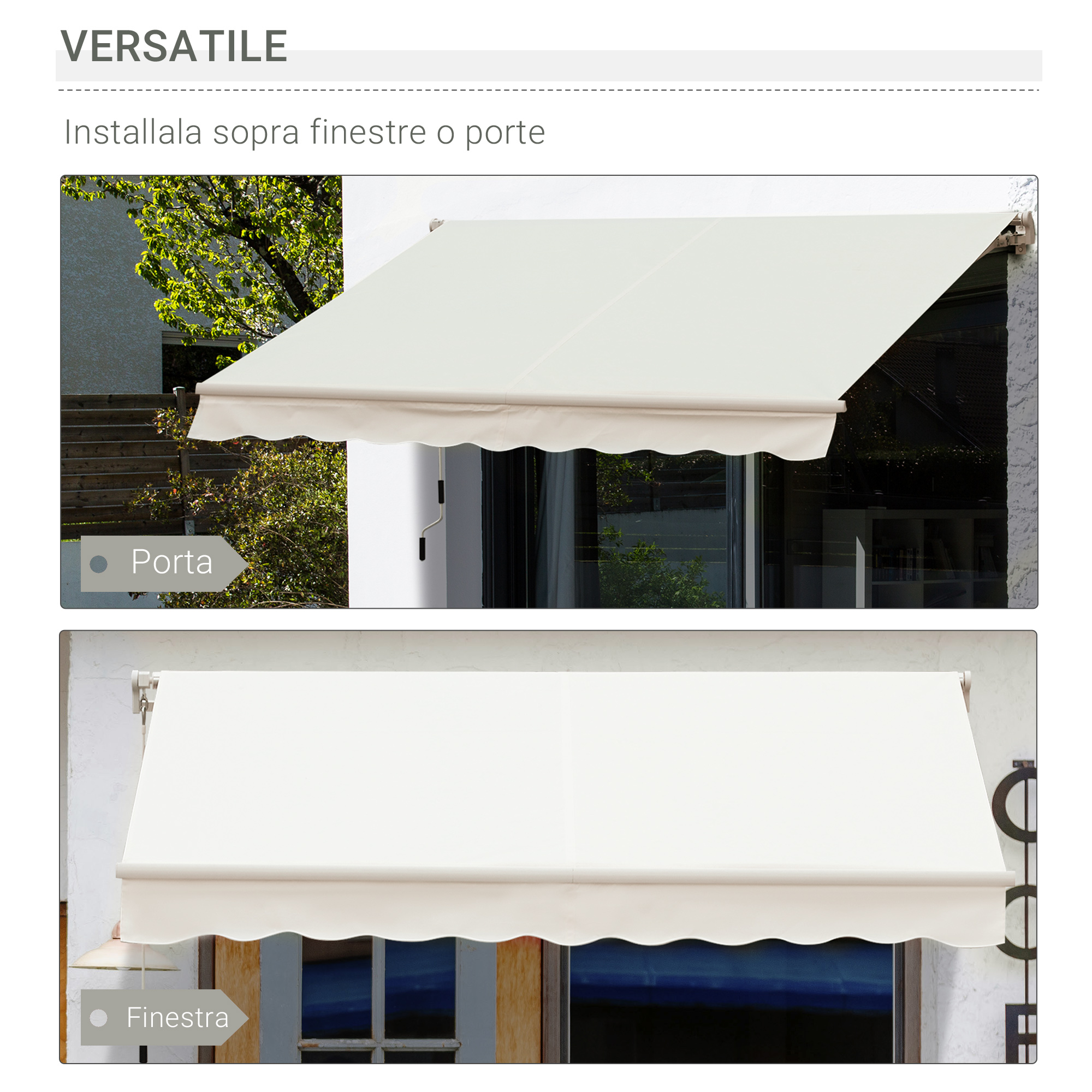 Tessuto per tenda da sole color crema con bordo smerlato, montato sopra una porta.