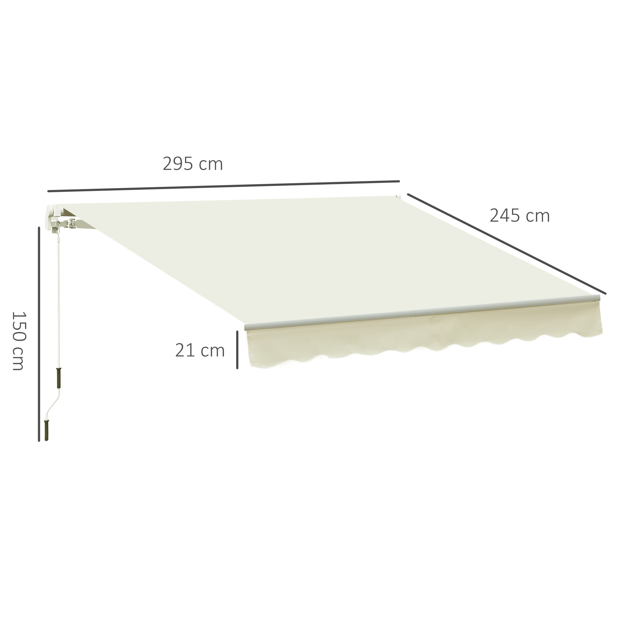 Una tenda da sole color crema di 295x245 cm con una caduta di 21 cm.