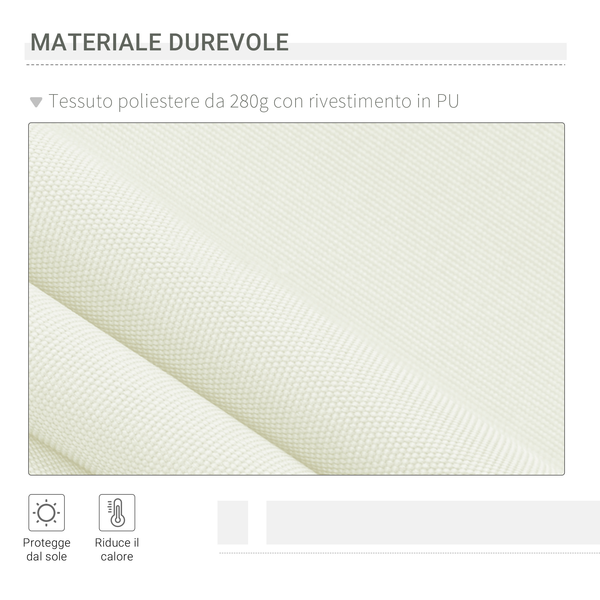 Tessuto poliestere color crema con rivestimento in PU, mostra protezione solare e riduzione calore.