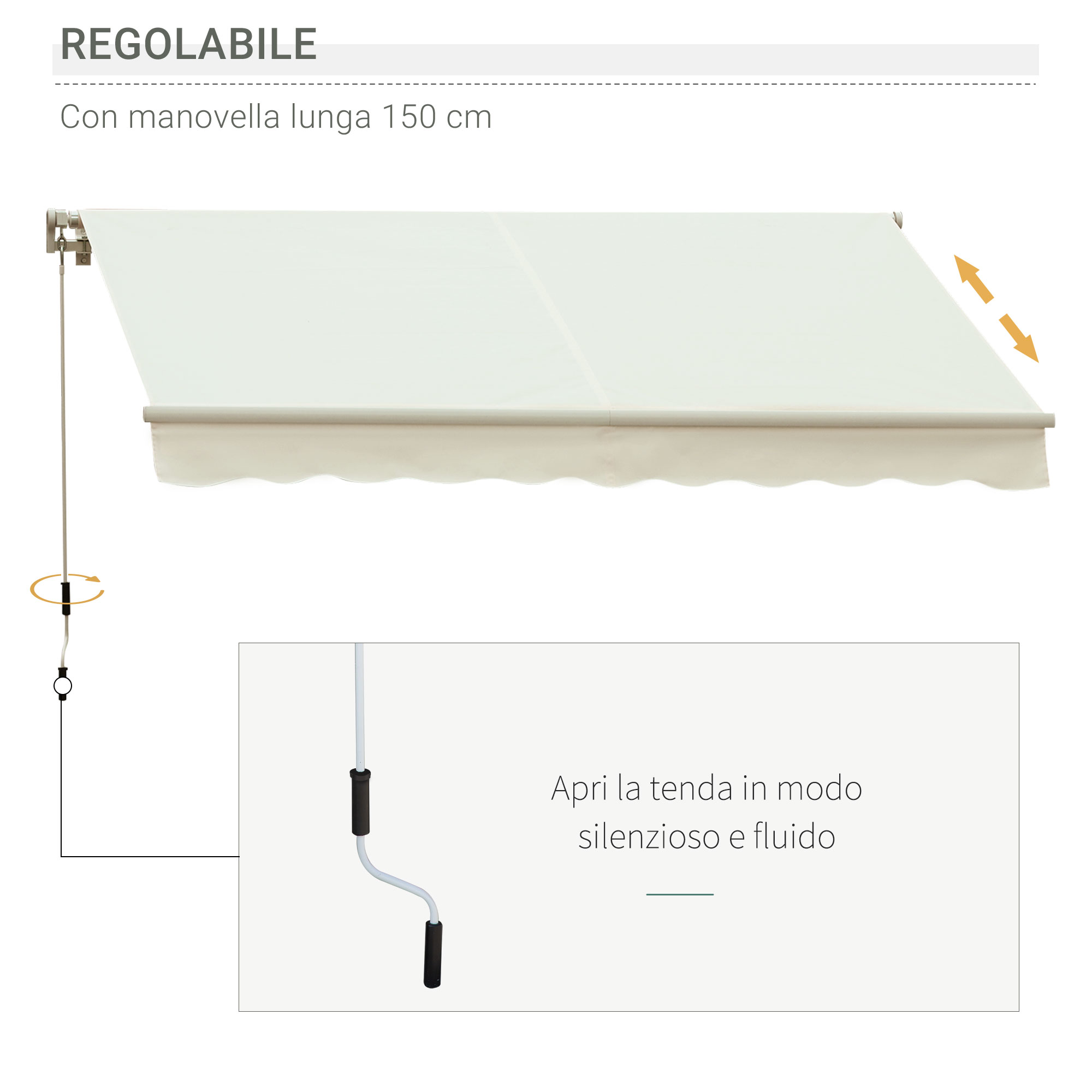 Un tessuto per tenda da sole retrattile color crema con meccanismo a manovella mostrato accanto.