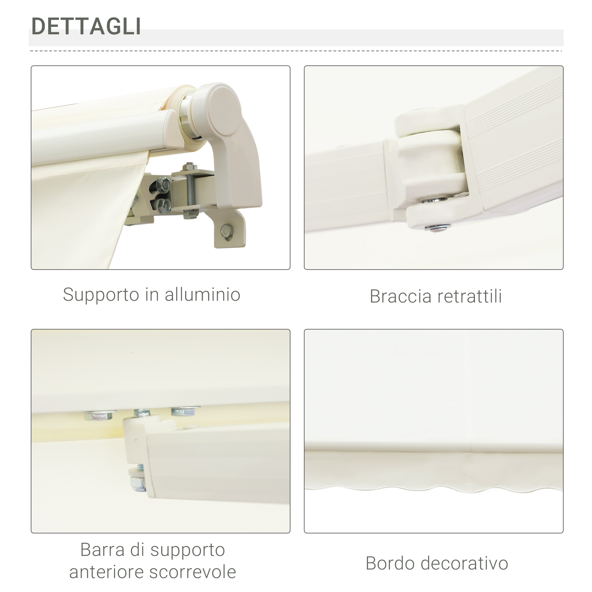 Viste dettagliate di una tenda da sole bianca: staffa in alluminio, bracci retrattili, barra, bordo.
