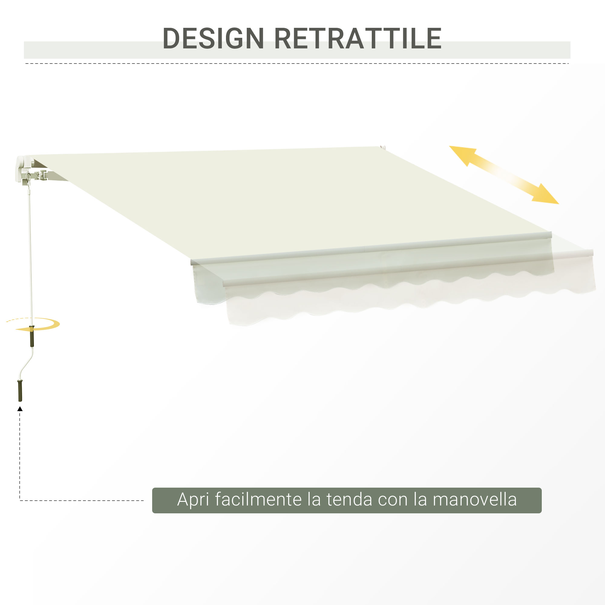 Un tessuto da tenda color crema è azionato da una manovella. Estensibile.