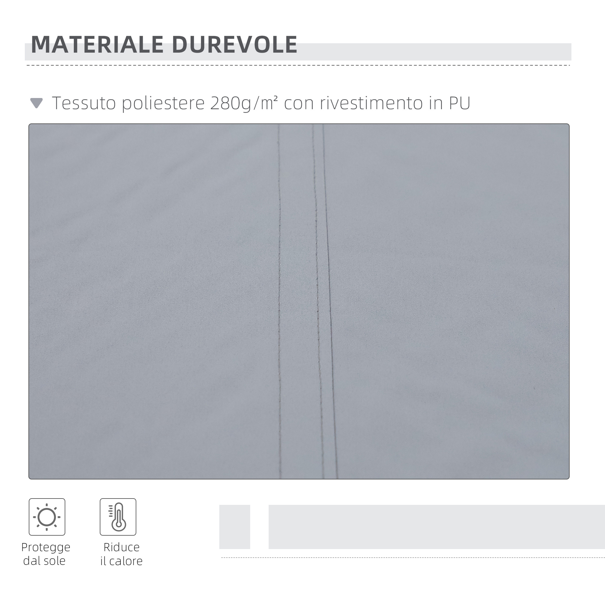 Tessuto poliestere grigio con rivestimento in PU, protegge da sole e calore.