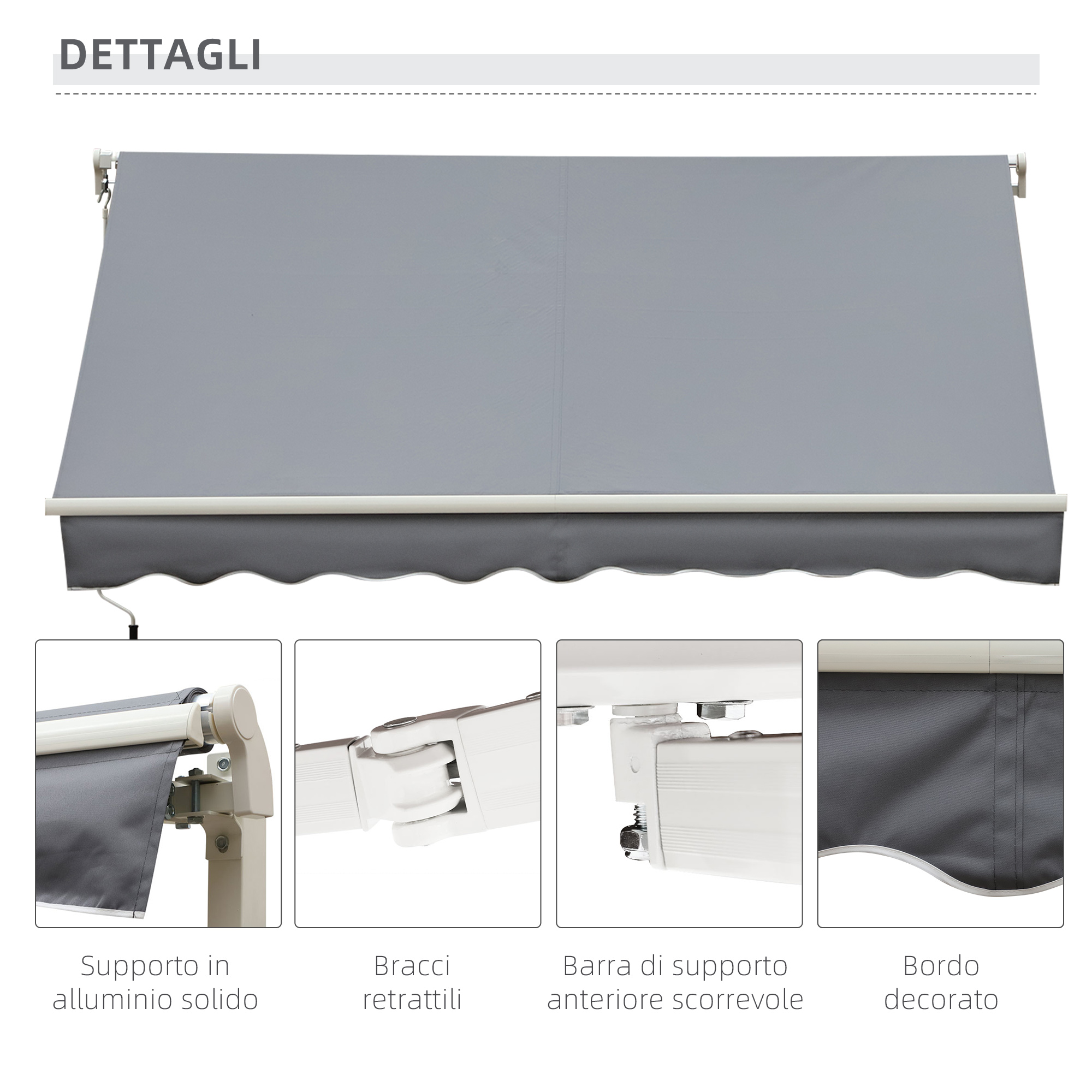 Tendalino grigio con bracci retrattili e viste dettagliate.