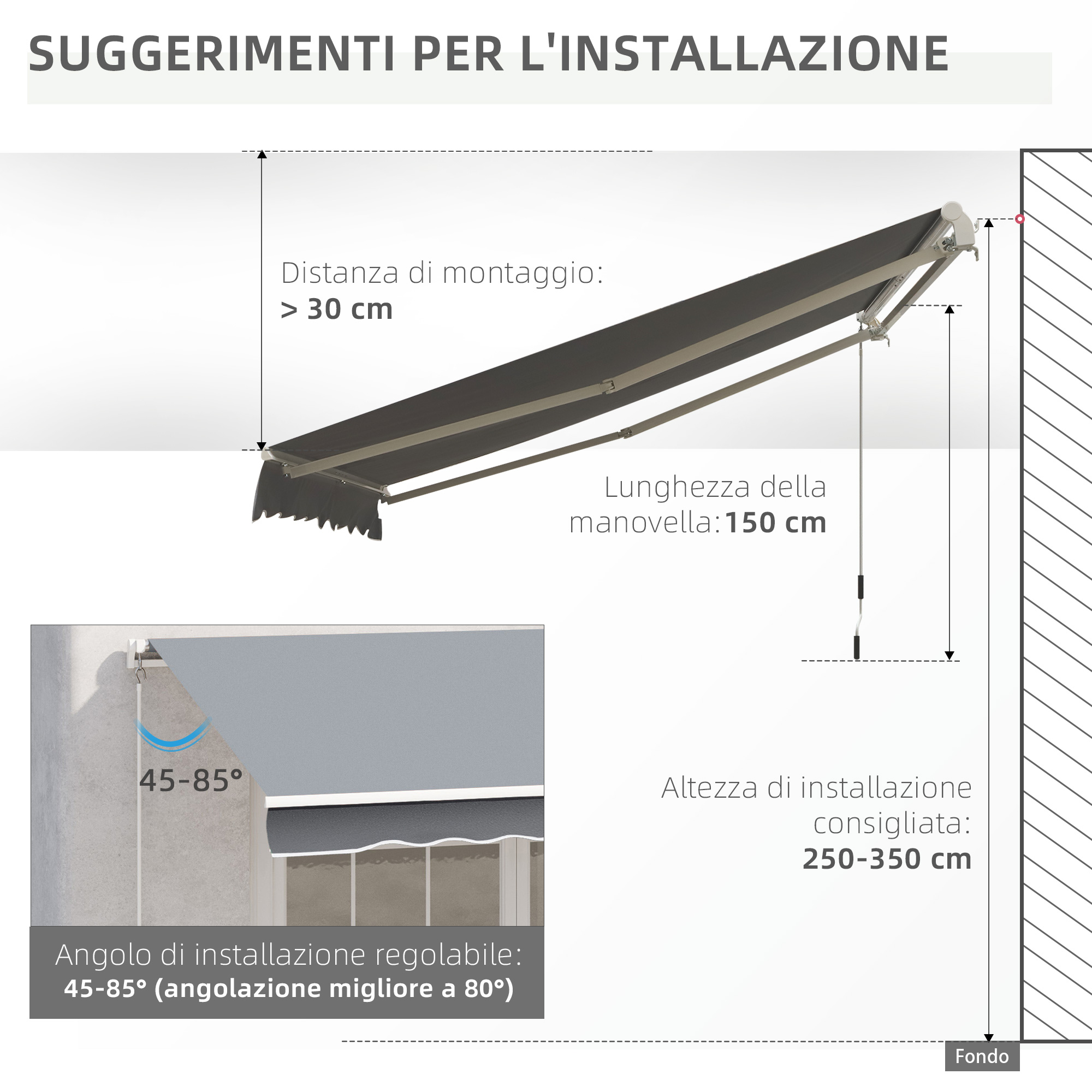 Tenda da sole con suggerimenti installazione: distanza, lunghezza manovella, angolo.