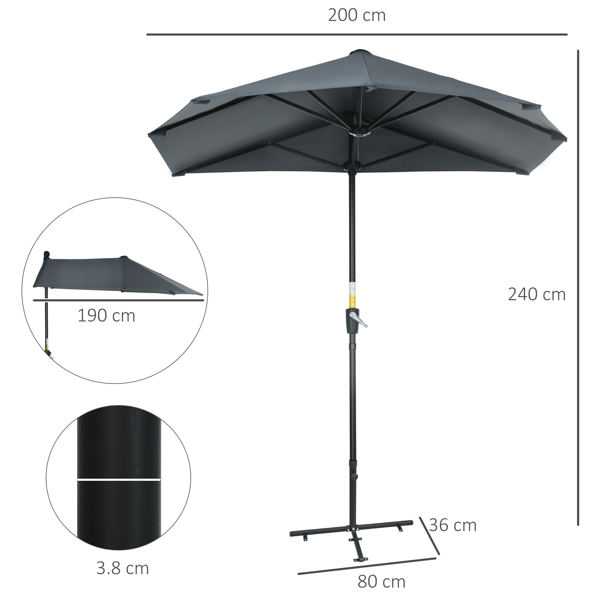 Un ombrellone grigio con supporto argentato e dimensioni indicate.