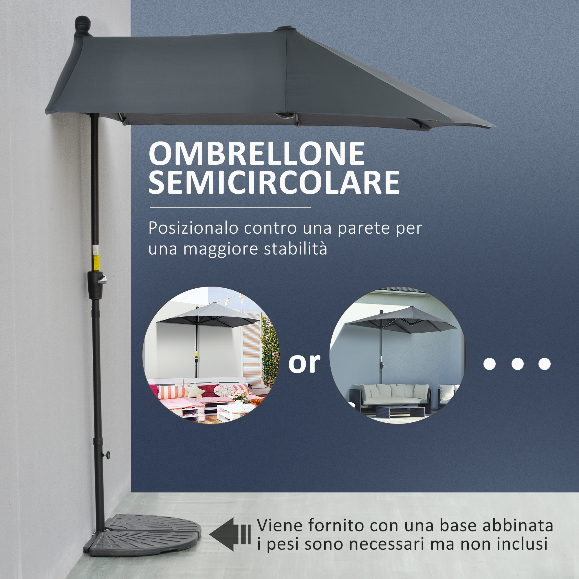 Un ombrellone semicircolare grigio posizionato contro un muro.